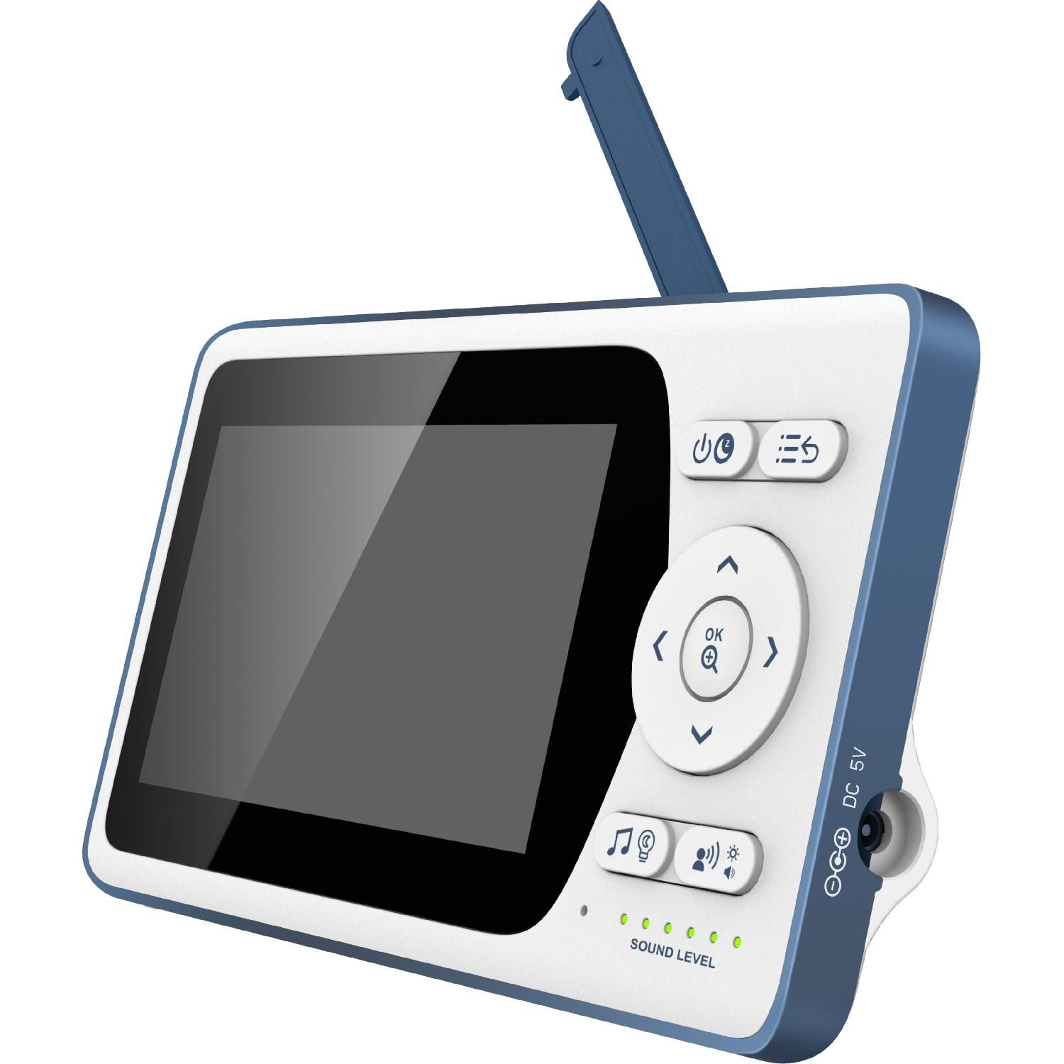 Vigilabebés blanco y azul con pantalla y botones. Indicadores de nivel de sonido visibles.