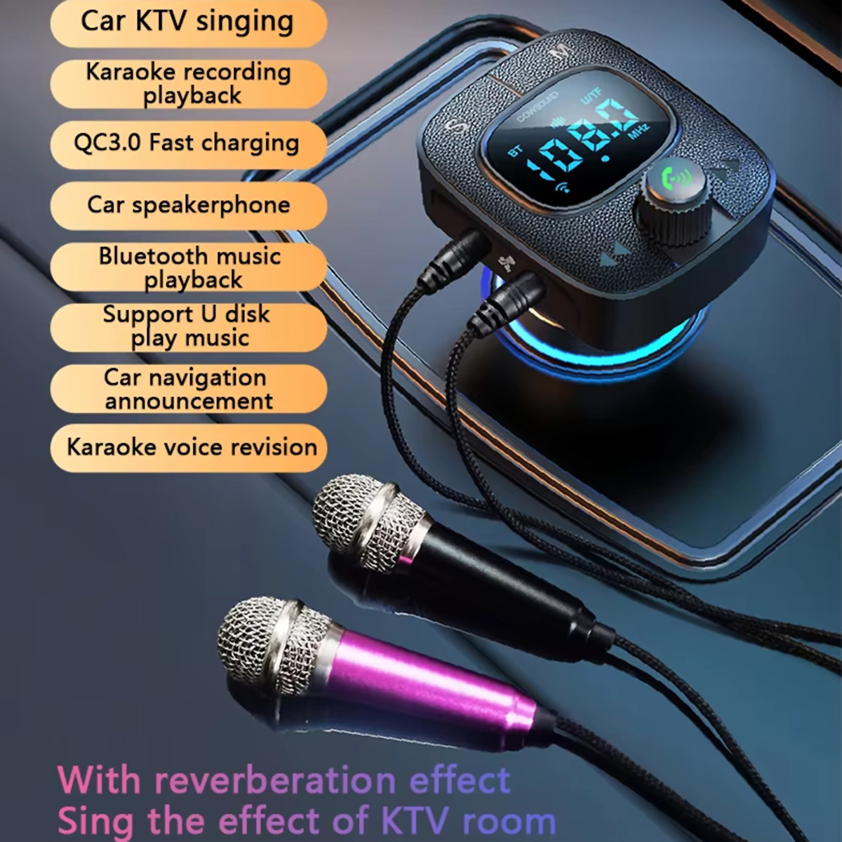 Configuración de karaoke con dos micrófonos, un dispositivo central con pantalla y varios cables de conexión.