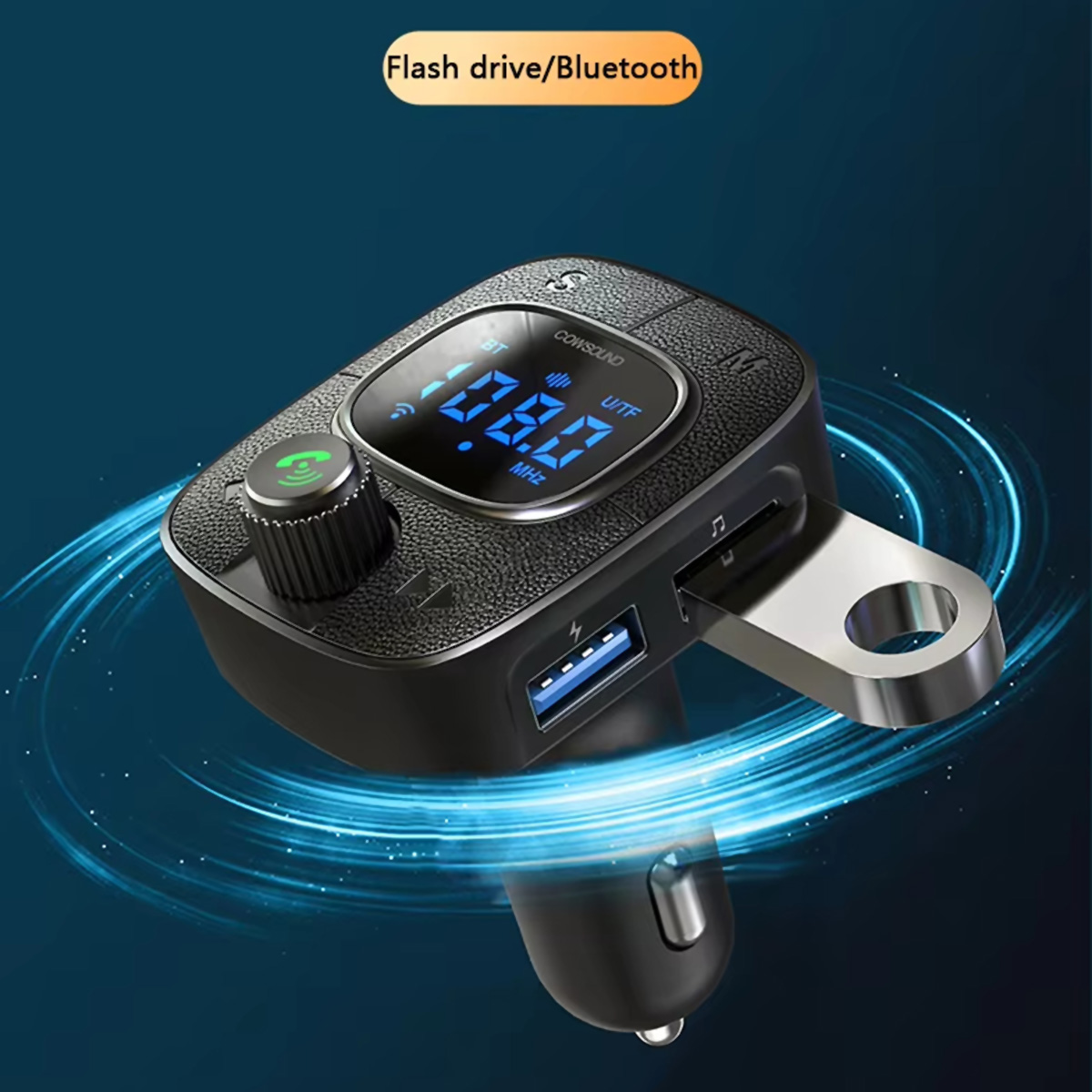 Dispositivo Bluetooth para coche con pantalla y puerto USB. Muestra la frecuencia de radio 108,0 MHz.