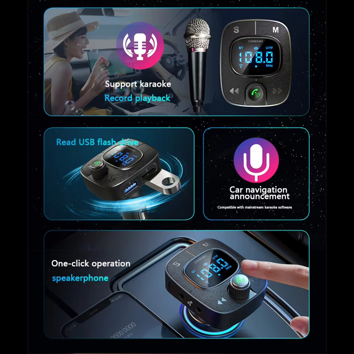 Dispositivo para automóvil que muestra funciones como karaoke, unidad flash USB y navegación. Imágenes y texto.