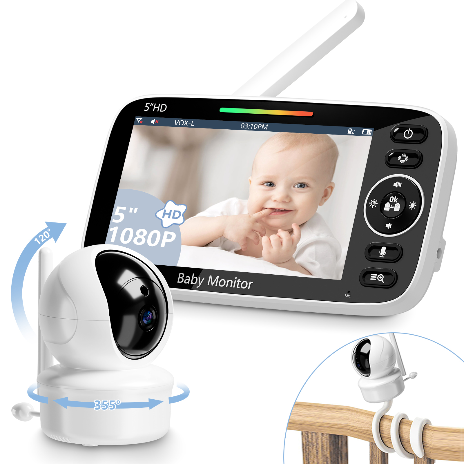 Ein Babyphone mit Bildschirm, der ein Baby zeigt, und einer Kamera daneben.