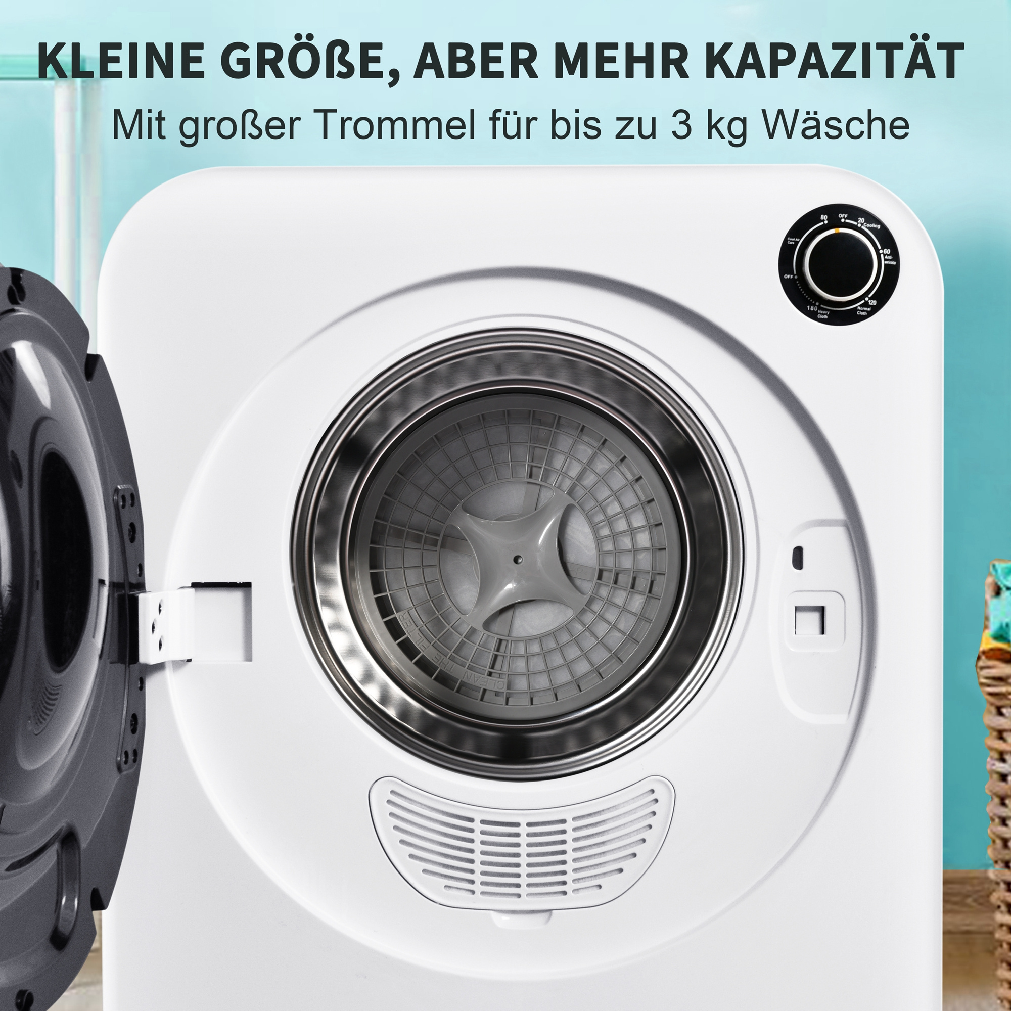 Ein weißer Trockner mit offener Tür. Text: Kleine Größe, aber mehr Kapazität. Für bis zu 3 kg Wäsche.