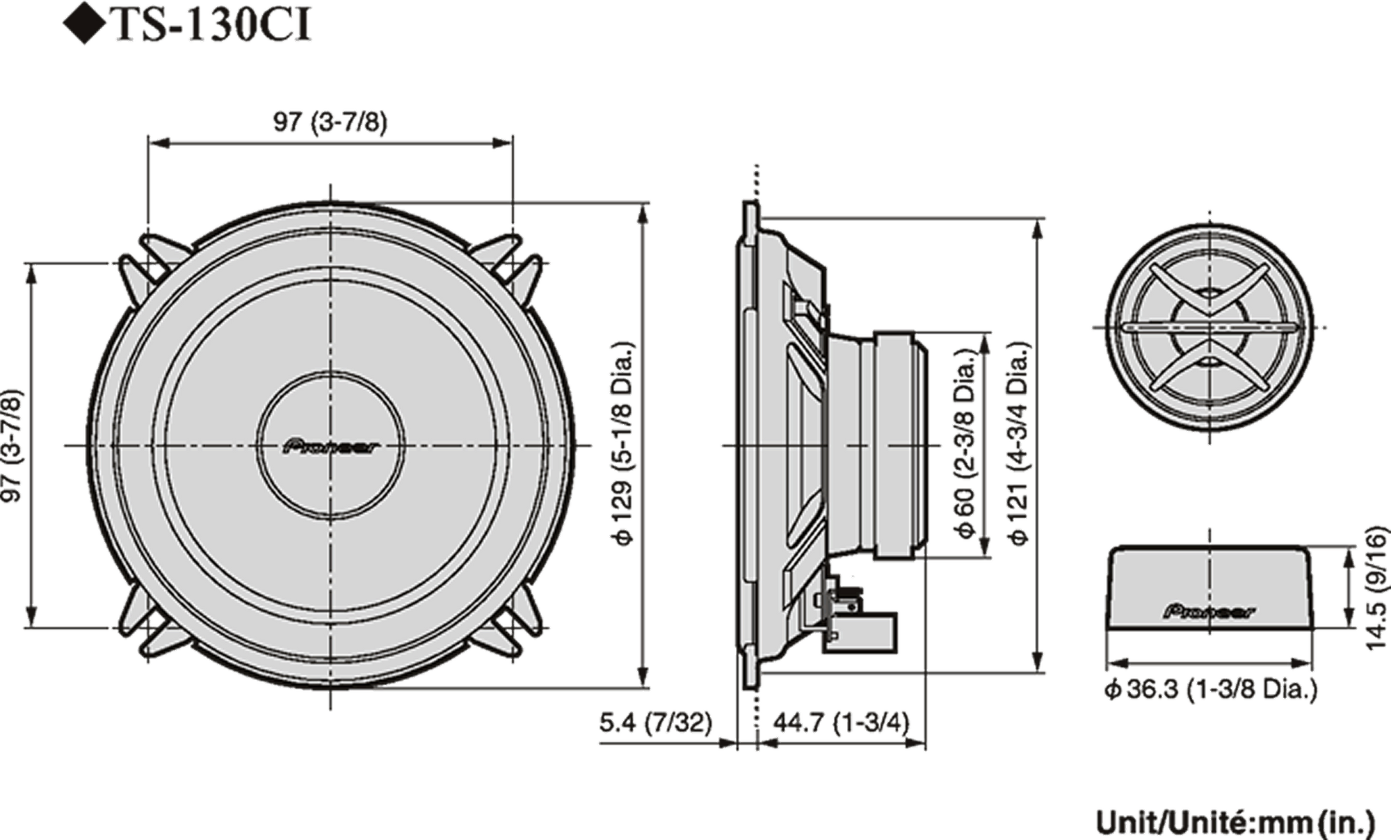 Diagramm eines Lautsprechers mit Abmessungen. Es zeigt Vorder-, Seiten- und Draufsicht mit Maßen in mm und Zoll.