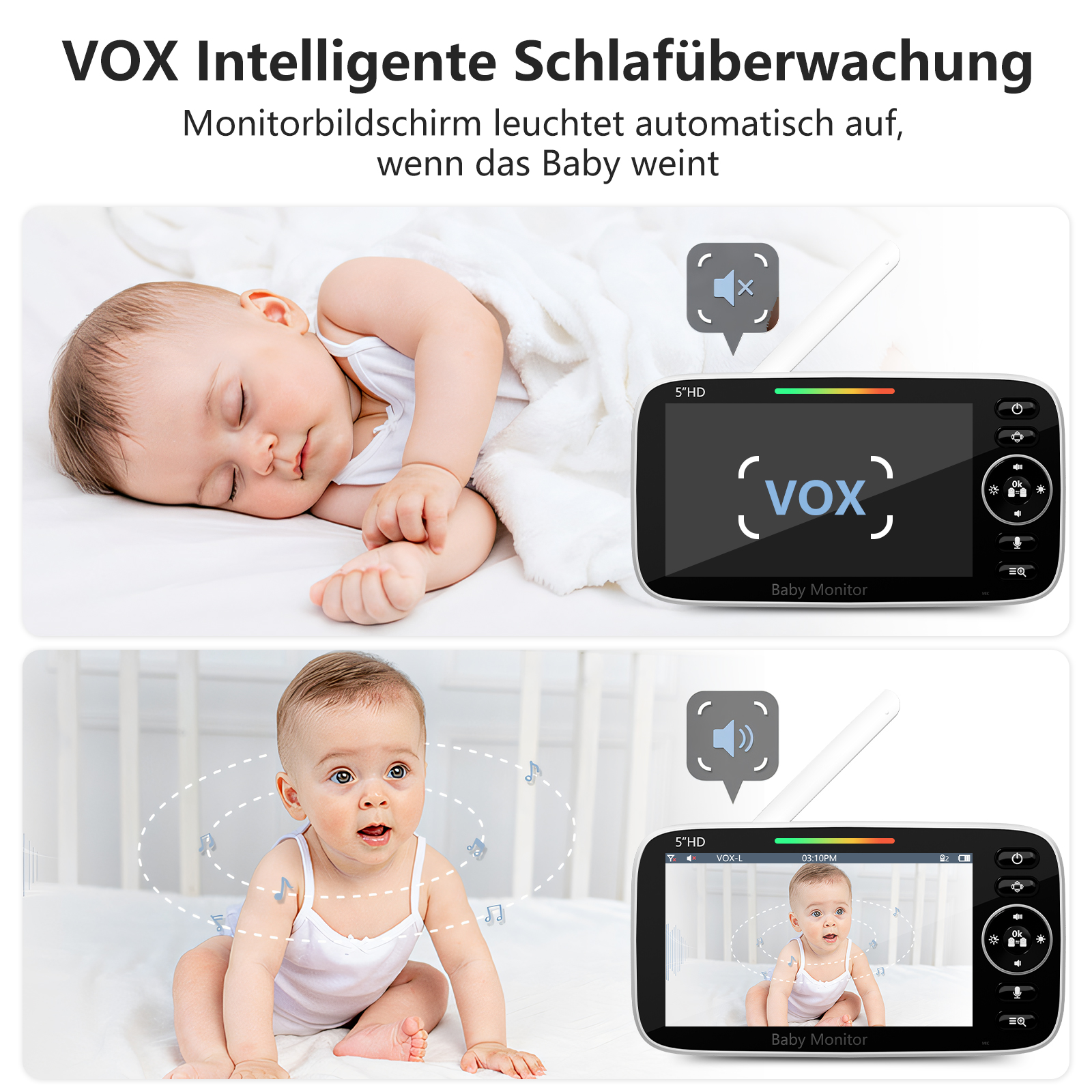 Zwei Bilder: ein schlafendes Baby und ein Baby, das einen Baby-Monitor betrachtet, der das Baby anzeigt.