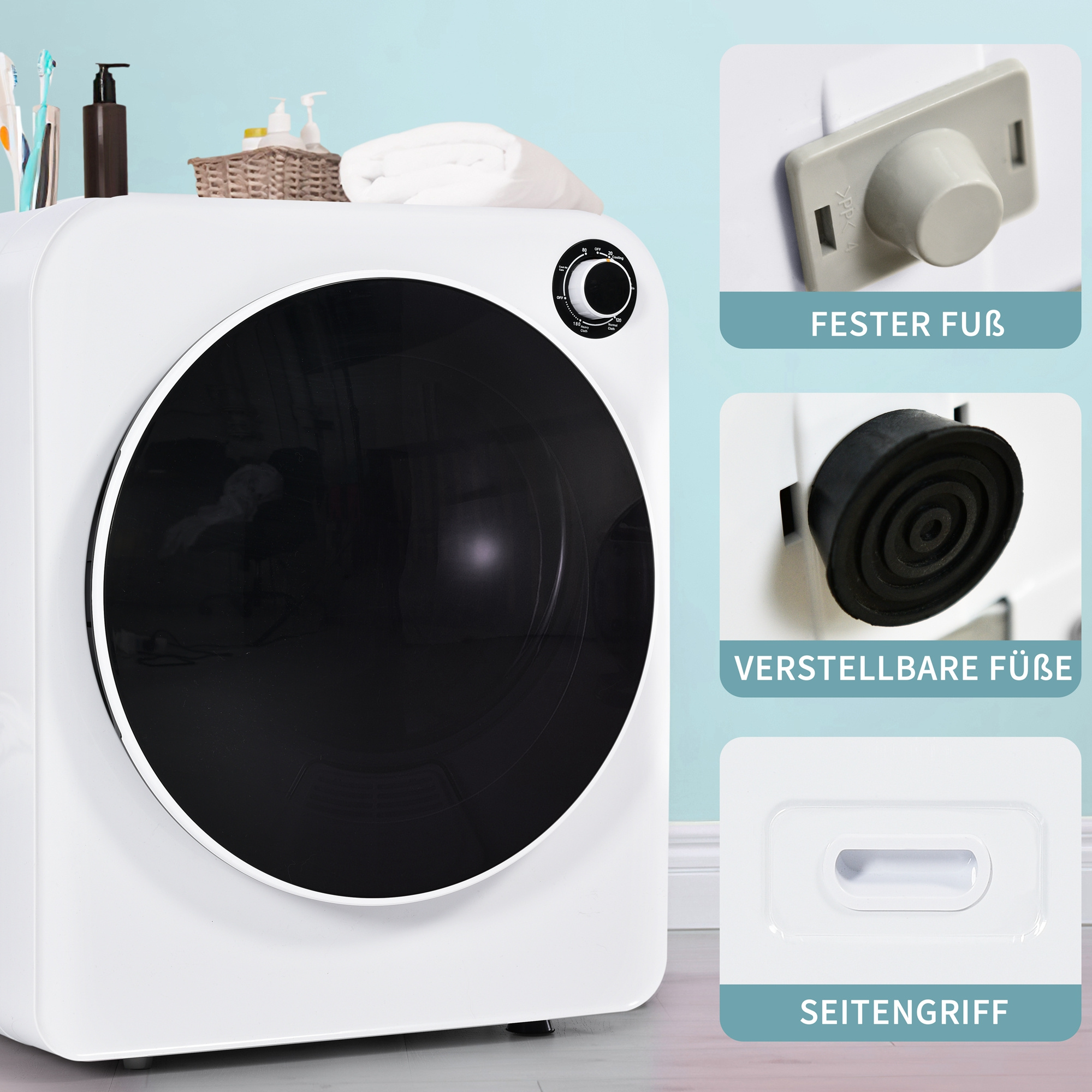 Ein weißer Elektrowäschetrockner mit schwarzer Tür, Nahaufnahmen von Füßen & Griff.