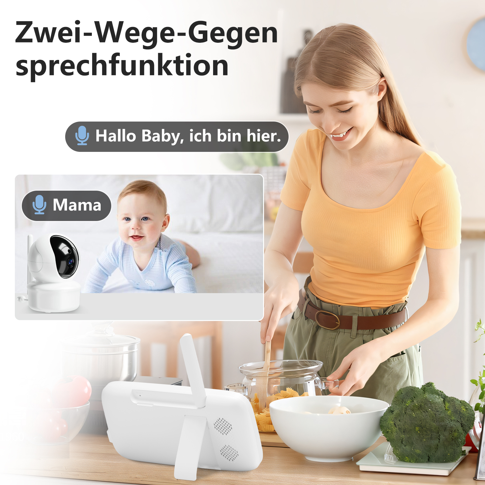 Eine Frau im orangefarbenen Hemd in der Küche, mit Baby und Babyphone.