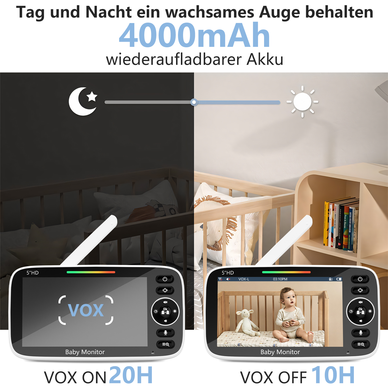 Babyphone zeigt Tag- und Nachtansichten eines Kinderbetts mit Baby, Mond- und Sonnensymbolen.