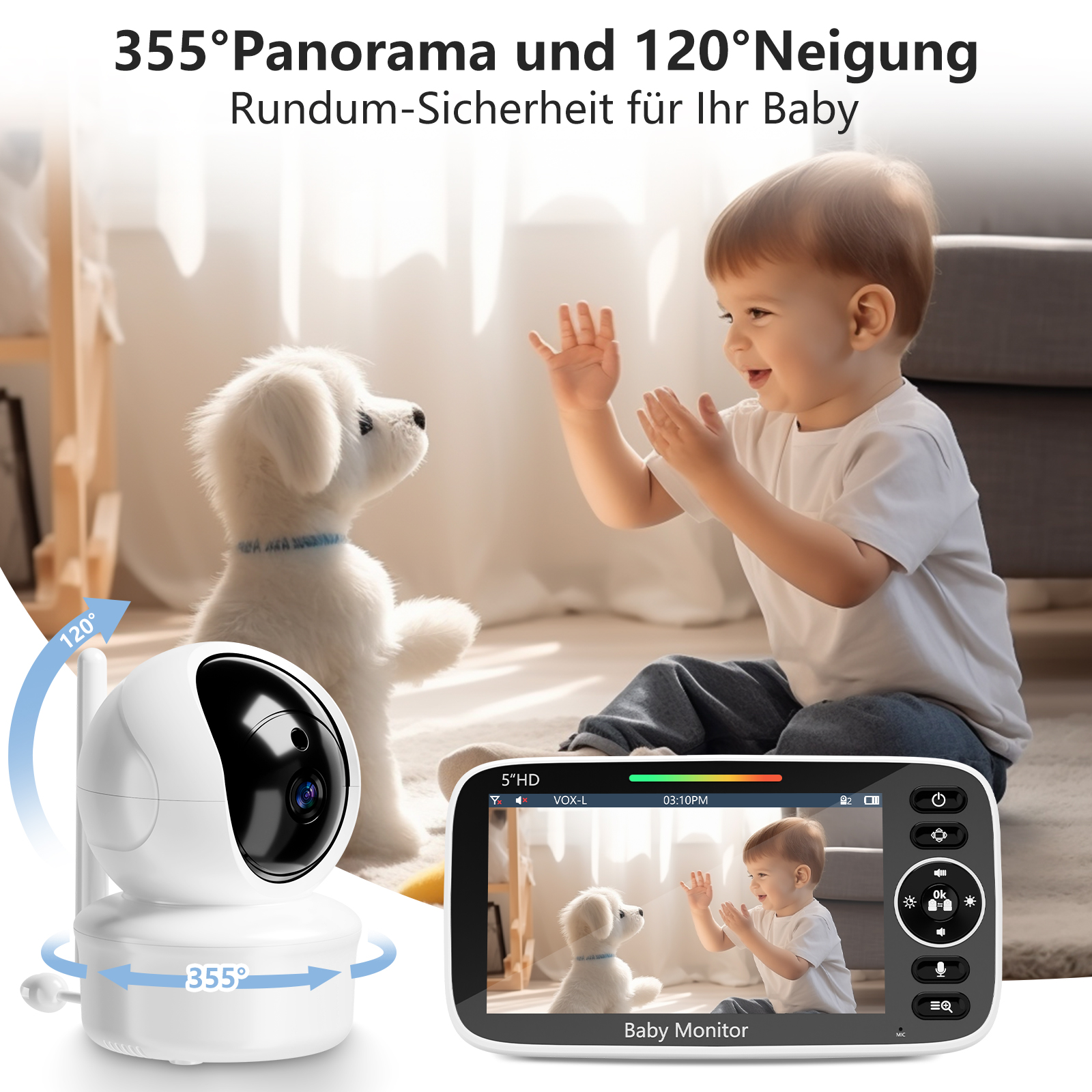 Babyphone mit Bildschirm, der ein Baby und einen Spielzeughund zeigt, und das Baby lächelt.