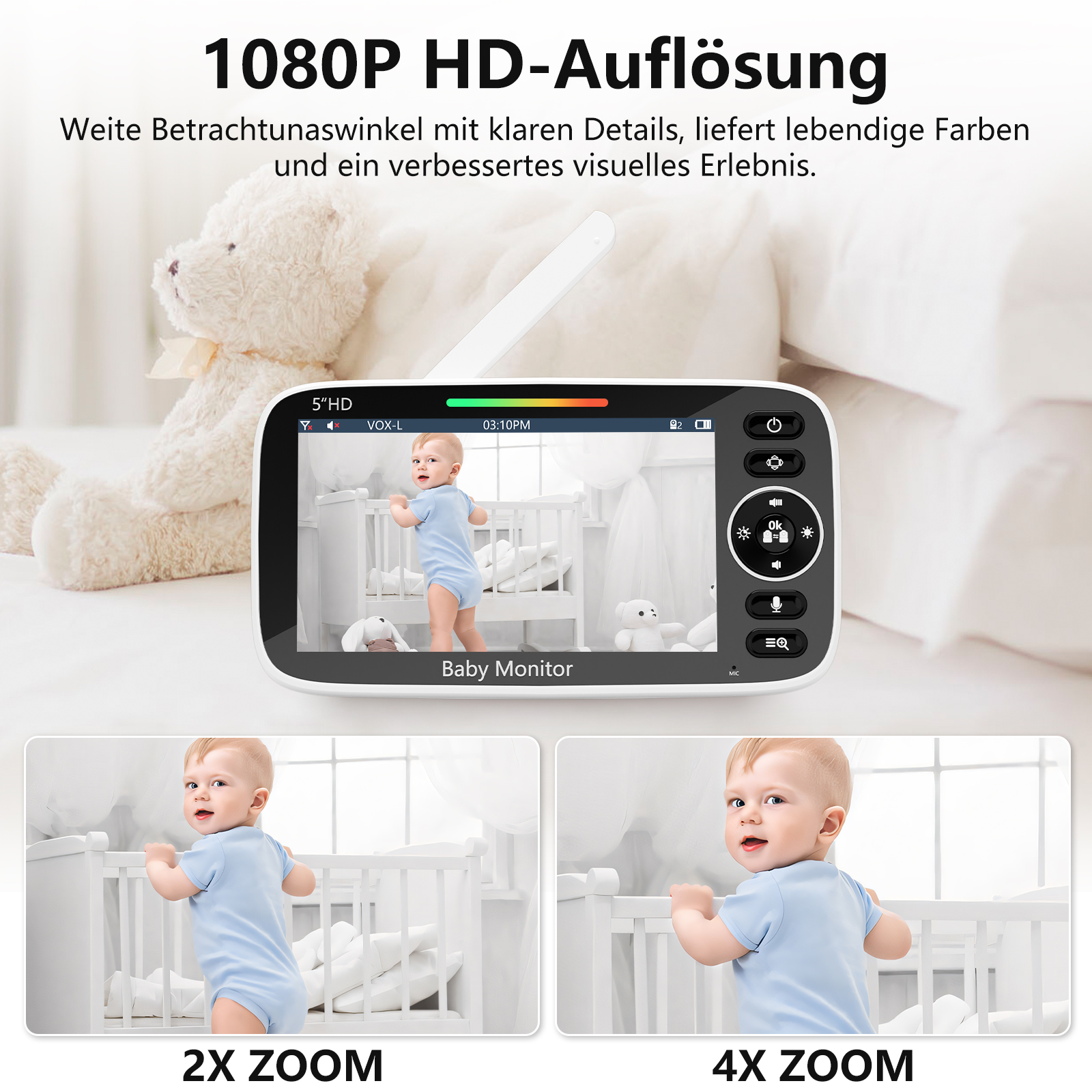 Babyphone zeigt Baby im Kinderbett, mit Zoom-Optionen und Teddybär im Hintergrund.