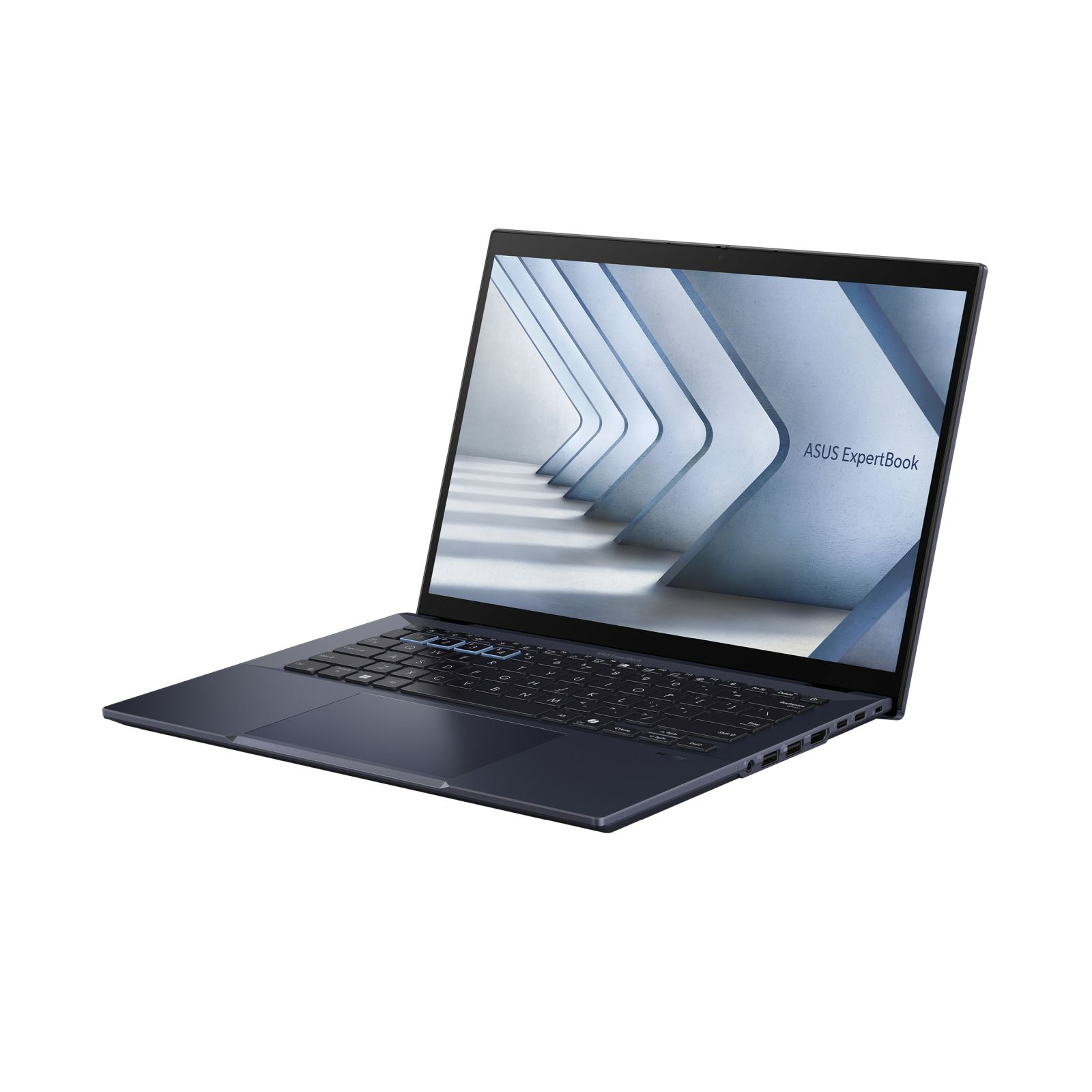 Granatowy laptop, otwarty, widok z kąta, klawiatura widoczna, etykieta ASUS ExpertBook.