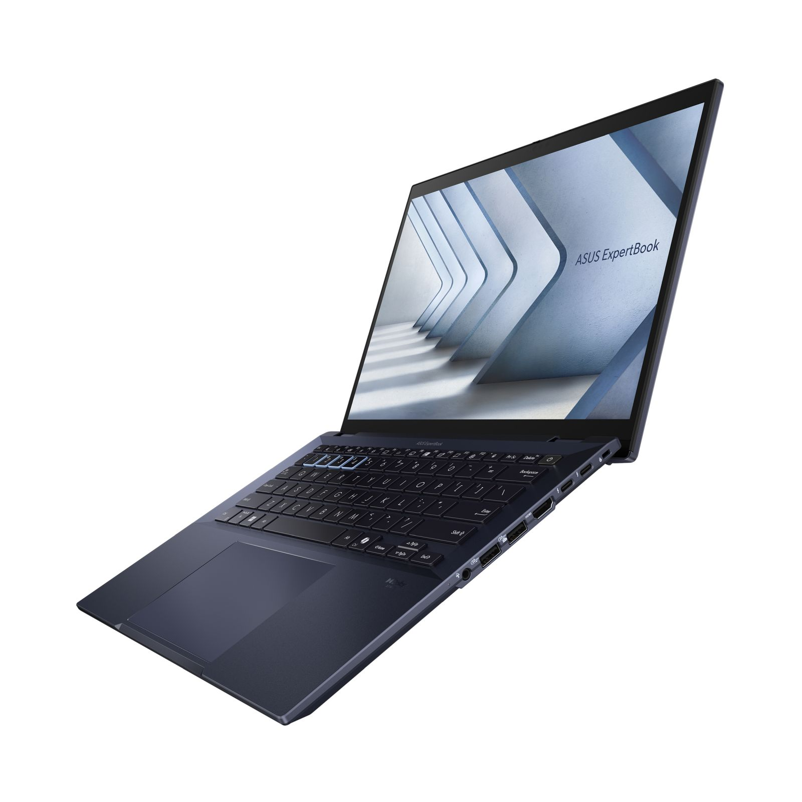 Otwarty granatowy laptop ASUS ExpertBook na białej powierzchni. Ekran wyświetla biało-niebieski wzór.