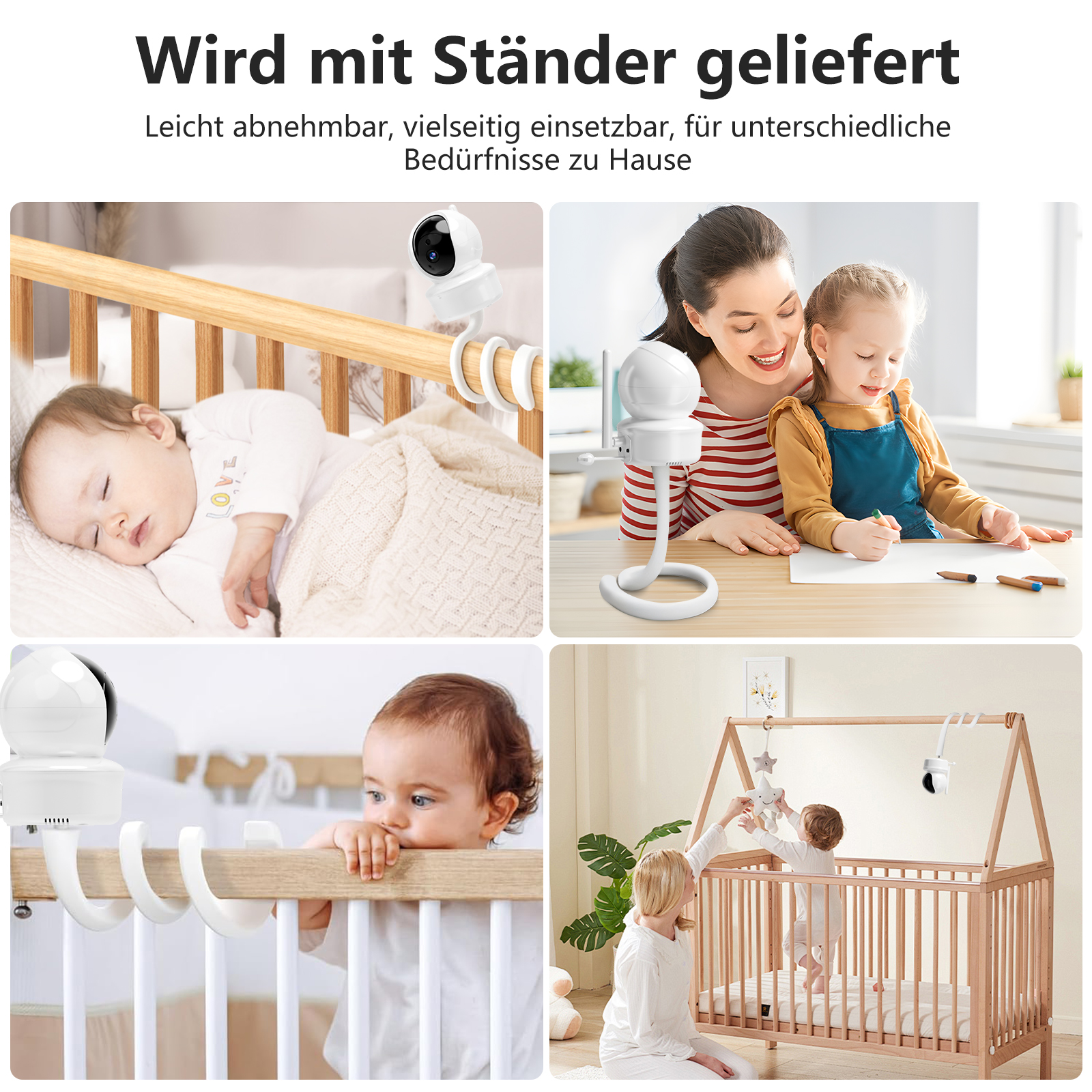 Vier Bilder zeigen ein Babyphone-Setup, schlafendes Baby, Baby schaut in Kamera und Kinder spielen im Kinderbett.