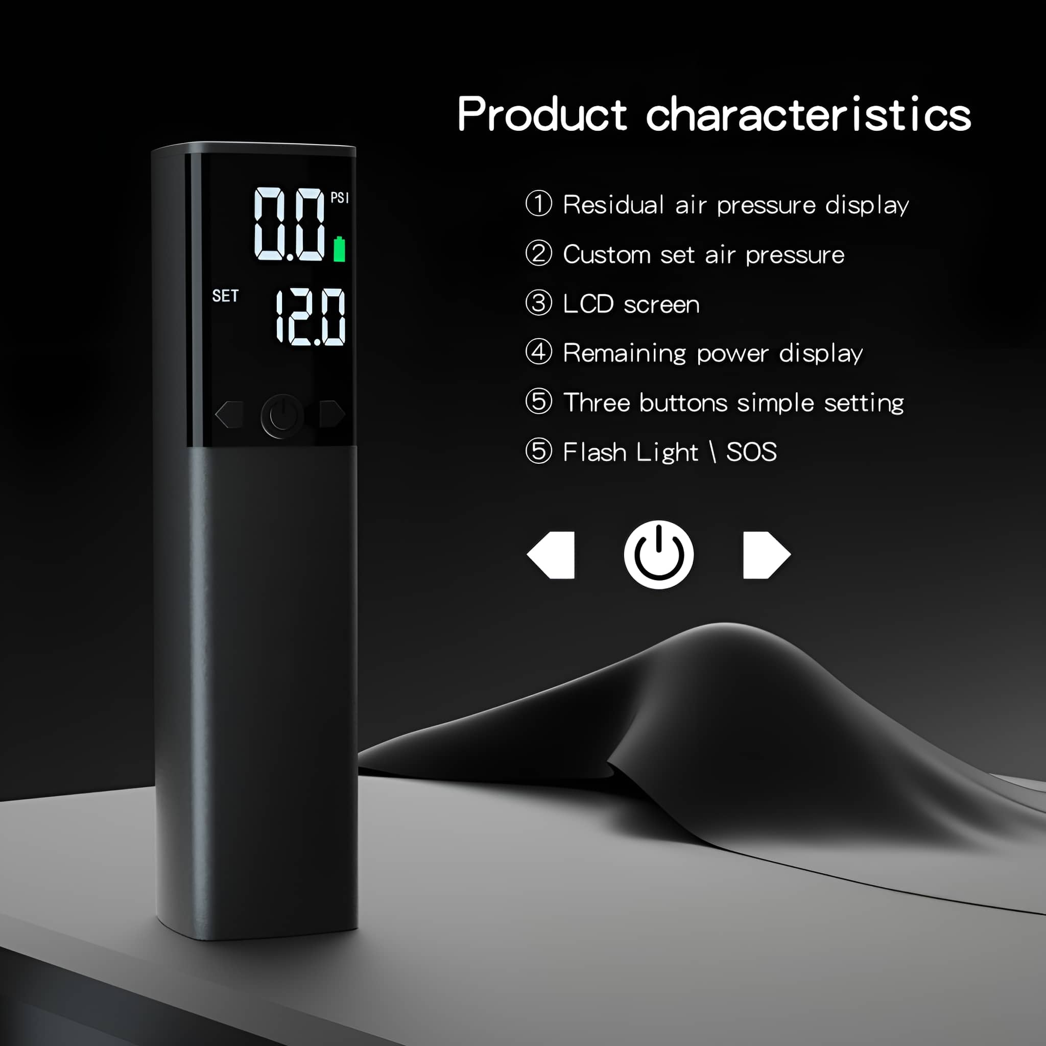 Eine schwarze, tragbare Luftpumpe mit LCD-Bildschirm. Text: 'Product characteristics'.