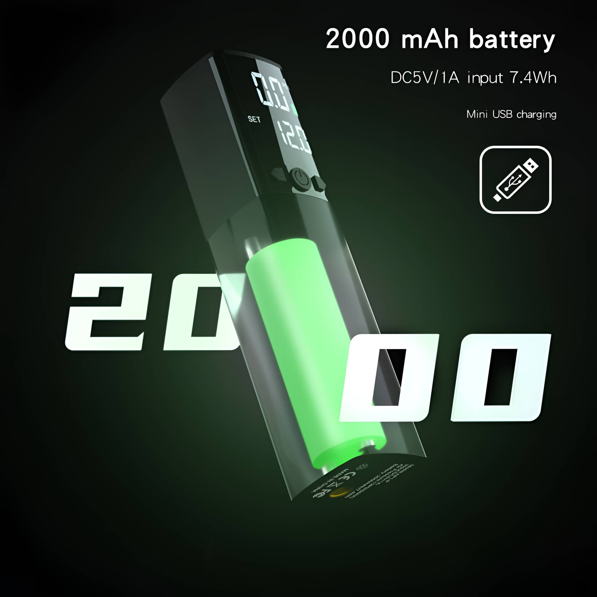 Schwarzes Gerät mit grüner Batterie, Zahlen und Text auf dunklem Hintergrund.