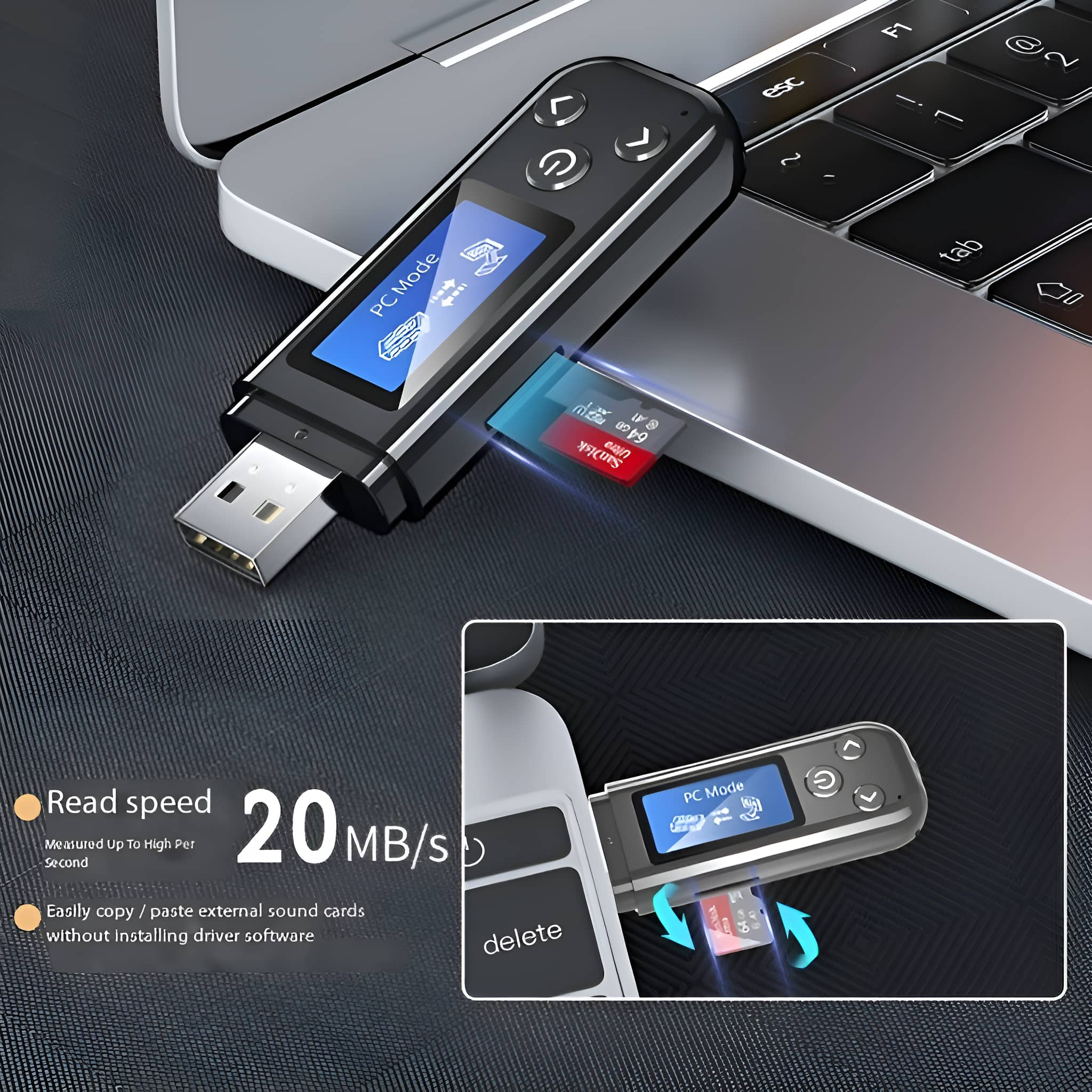 Schwarzes USB-Kartenlesegerät mit eingesetzter Micro-SD-Karte auf einem Laptop. Blaues Display.