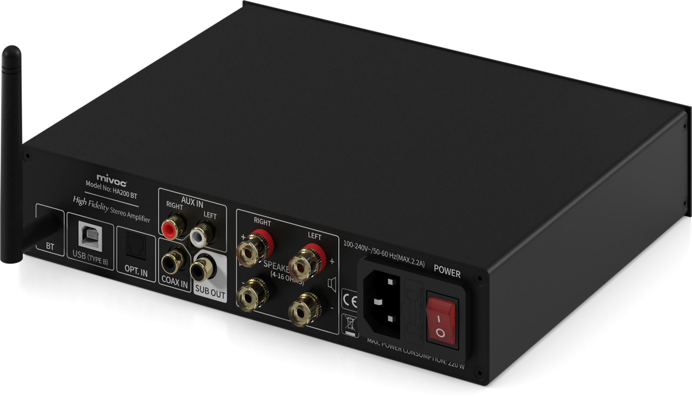 Schwarzer Stereo-Verstärker mit mehreren Anschlüssen und einem Netzschalter. Der Text lautet: High Fidelity Stereo Amplifier.
