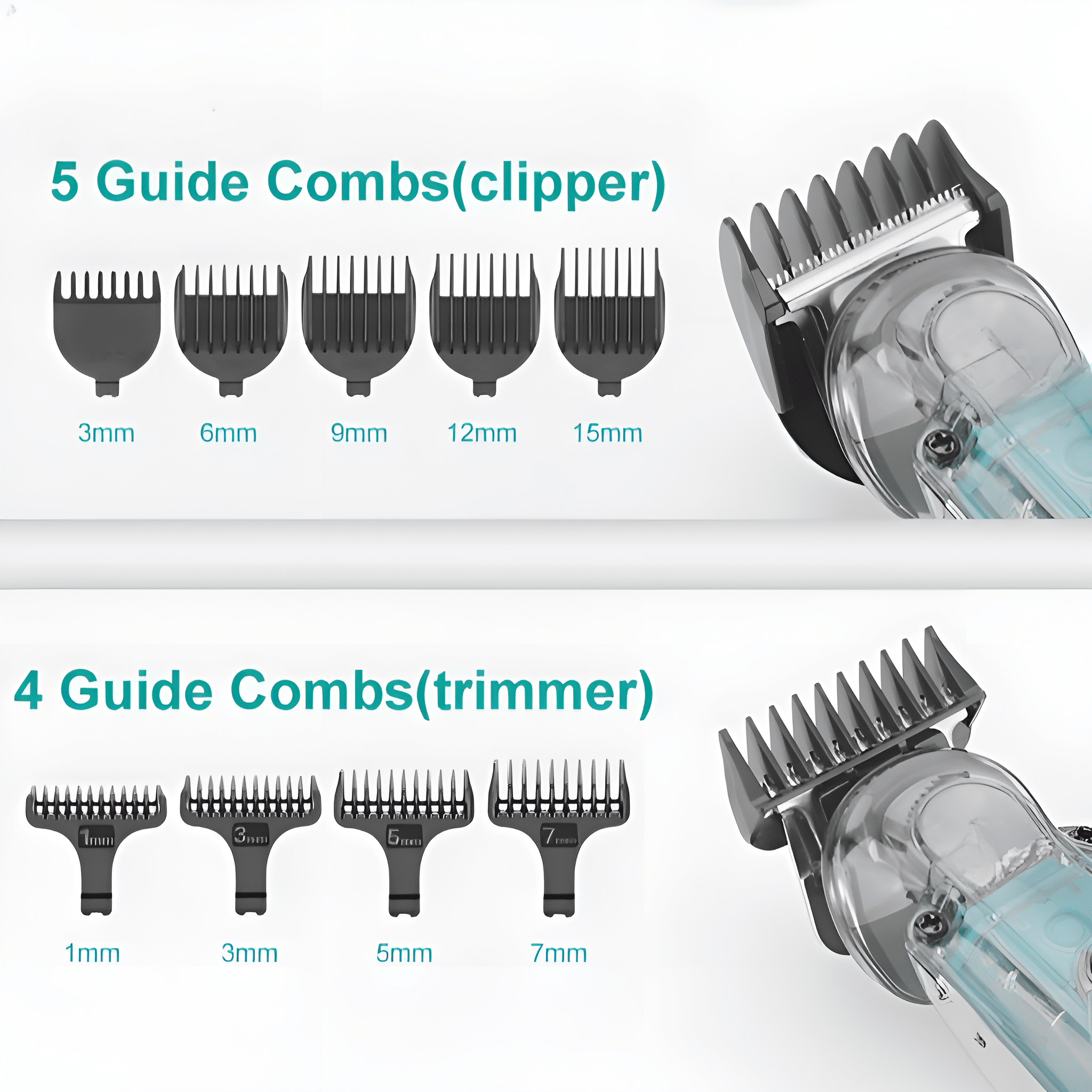 Diagramm der Aufsteckkämme für Haarschneider und Trimmer. Es werden verschiedene Größen gezeigt.