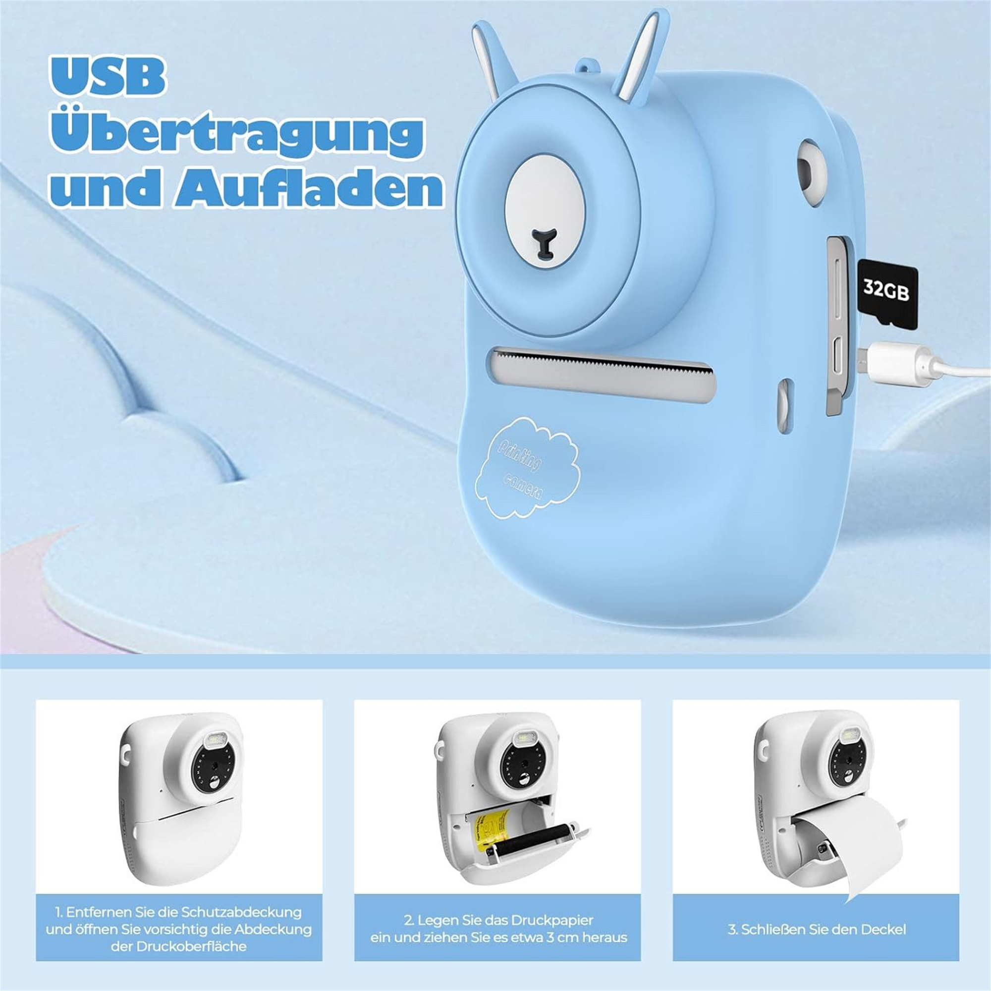 Eine hellblaue Sofortbildkamera mit 32GB Karte und USB, mit Schritt-für-Schritt-Anleitung.