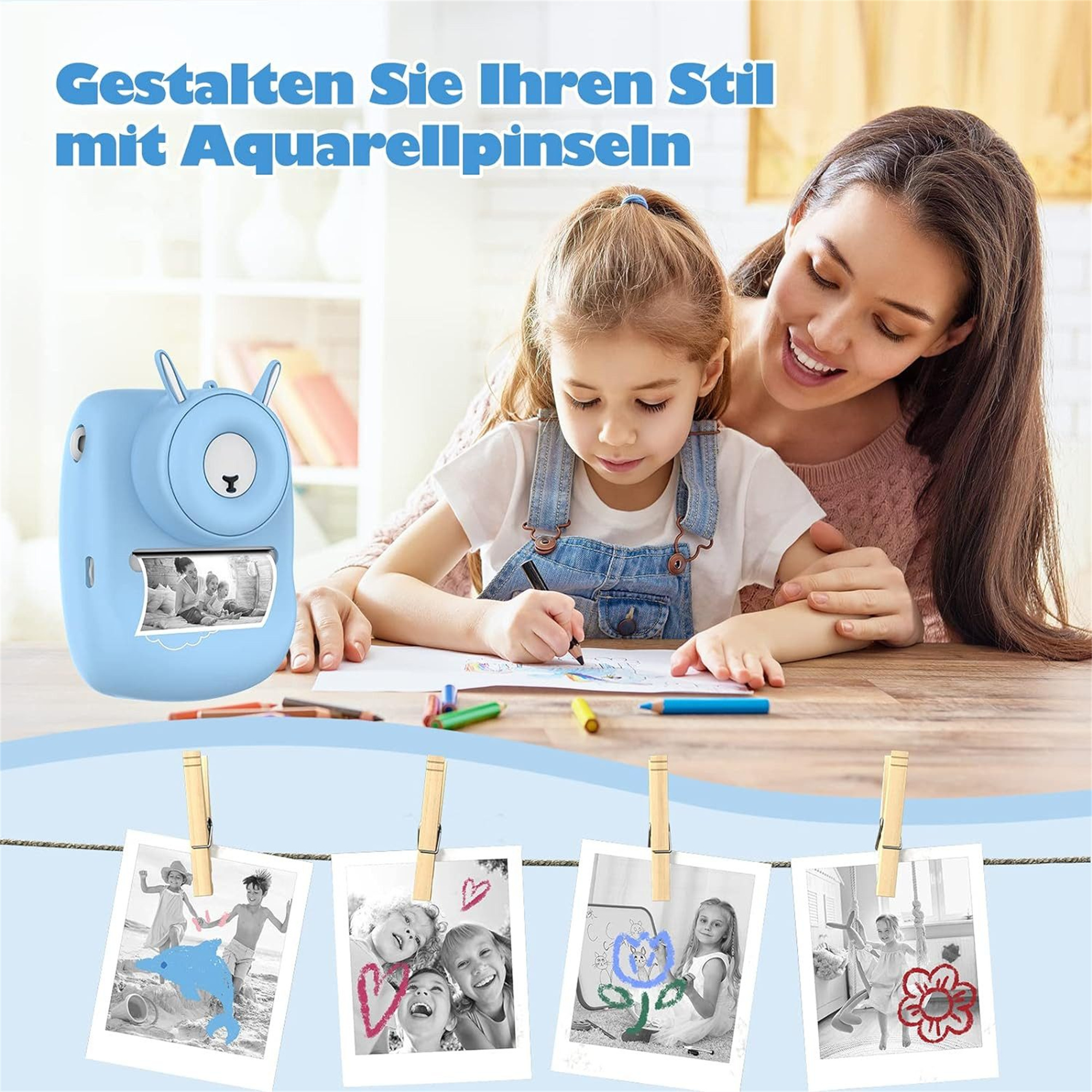 Kind malt mit Eltern, blaue Kamera mit Hasenohren, Fotos an Wäscheleine.
