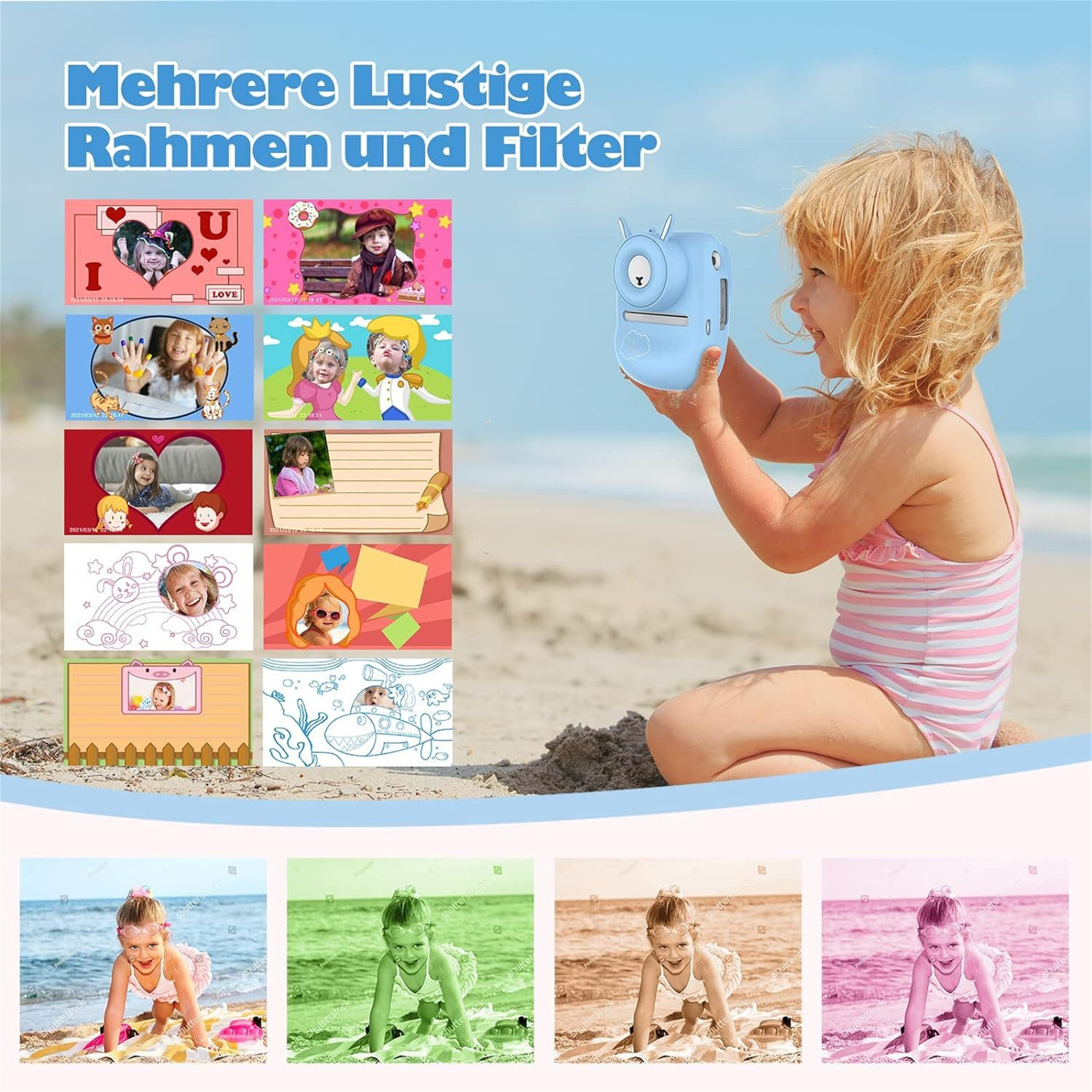 Kind hält blaue Kamera mit Filtern, neben Beispielfotos.