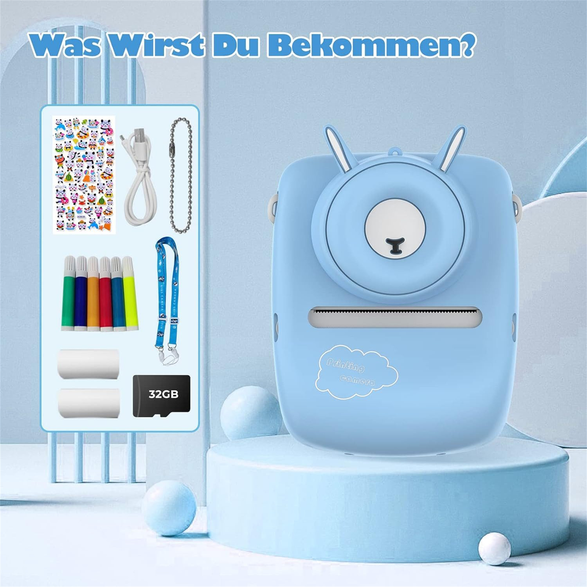 Eine blaue Sofortbildkamera mit Zubehör, darunter Stifte, Aufkleber und eine Speicherkarte.