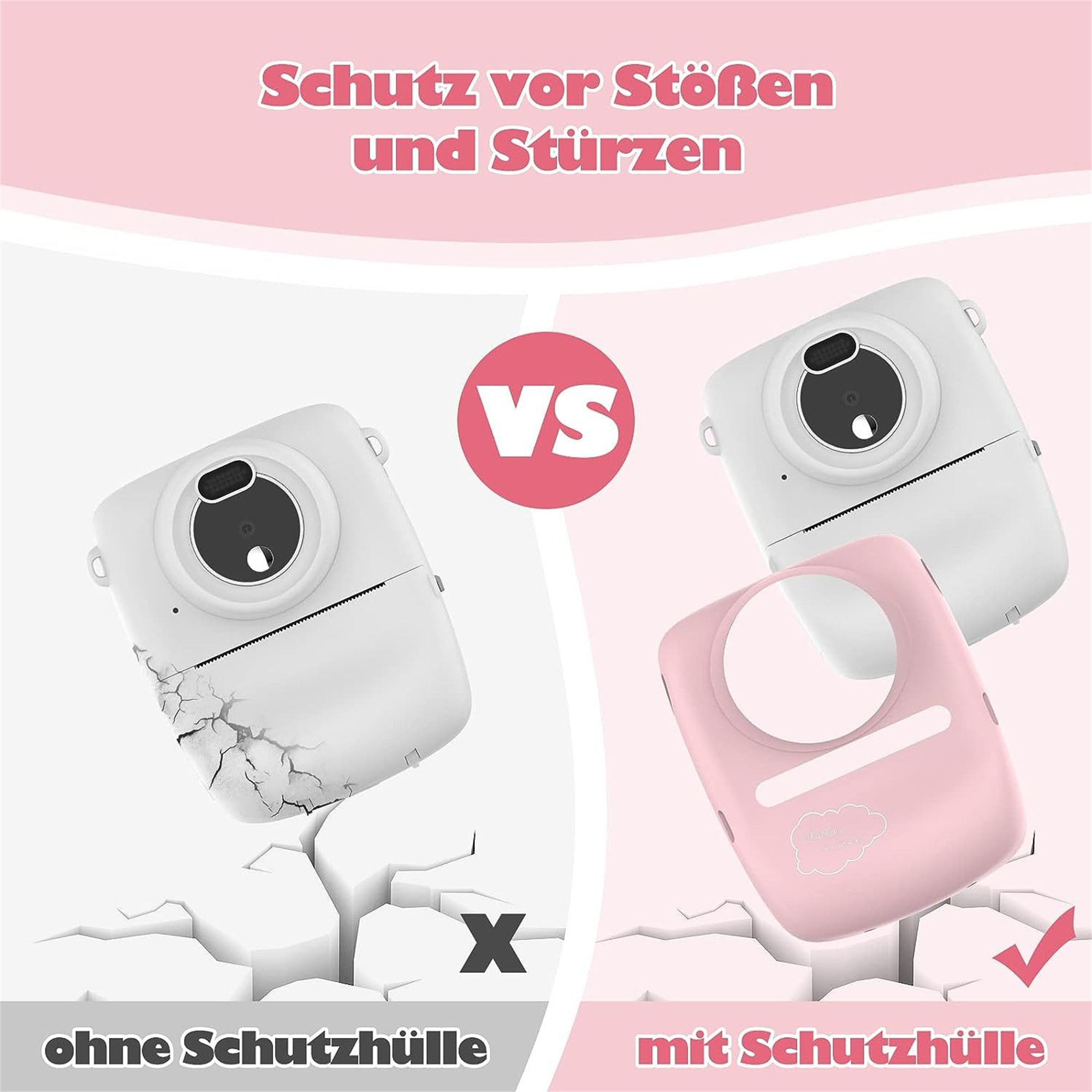 Zwei weiße Kameras; eine gerissen und eine durch eine rosa Hülle geschützt. Text zeigt Schutz an.