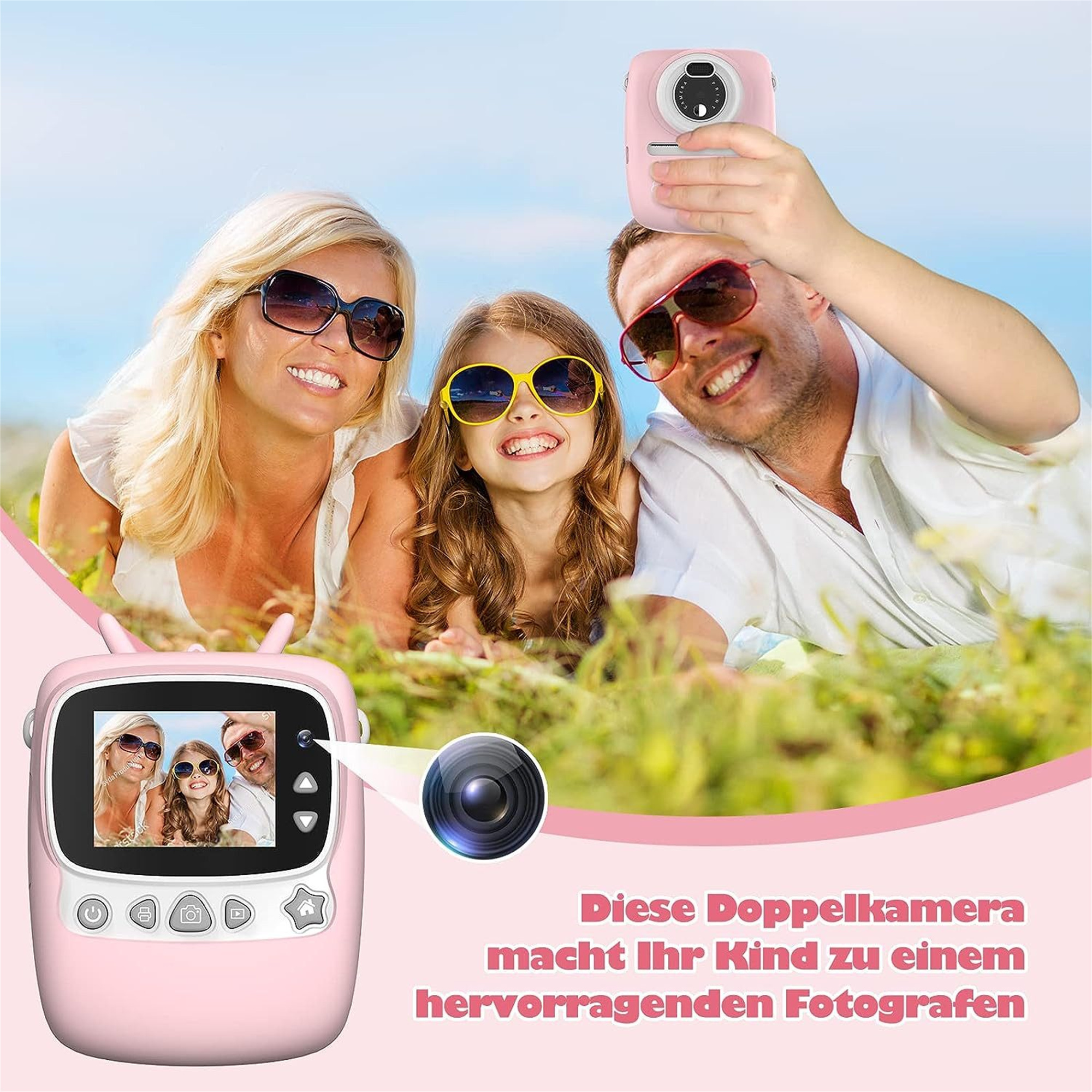 Familie macht Selfie mit einer rosa Kamera.
