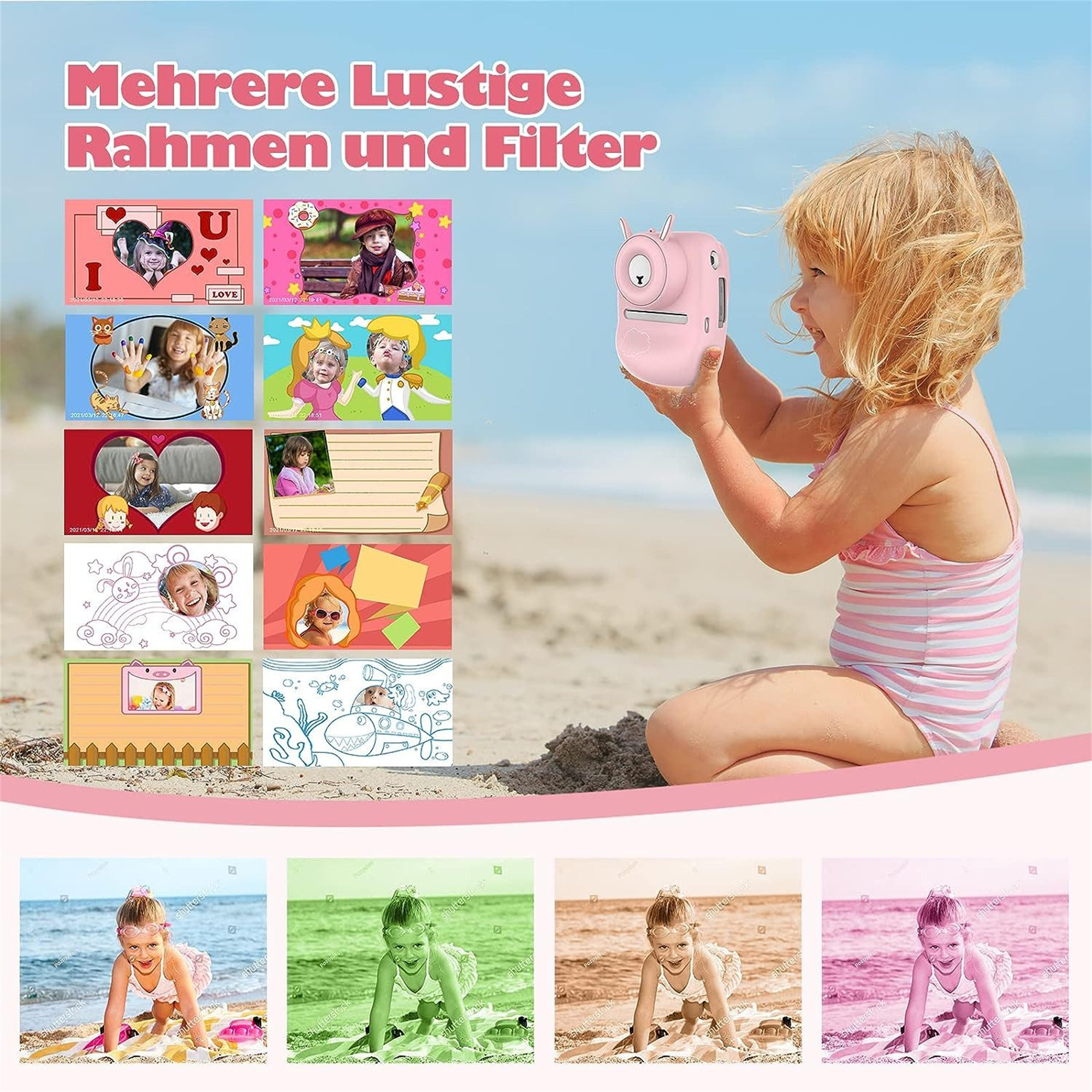 Ein Kind hält eine rosa Kamera am Strand. Mehrere Fotorahmen und Filter werden angezeigt.