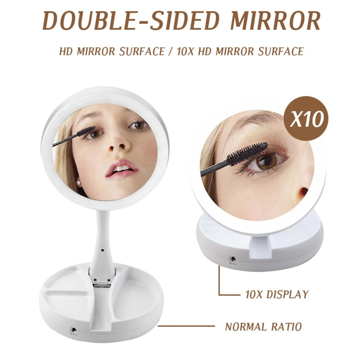 Espejo de doble cara con una mujer aplicándose maquillaje. Un lado es normal, el otro ampliado X10.