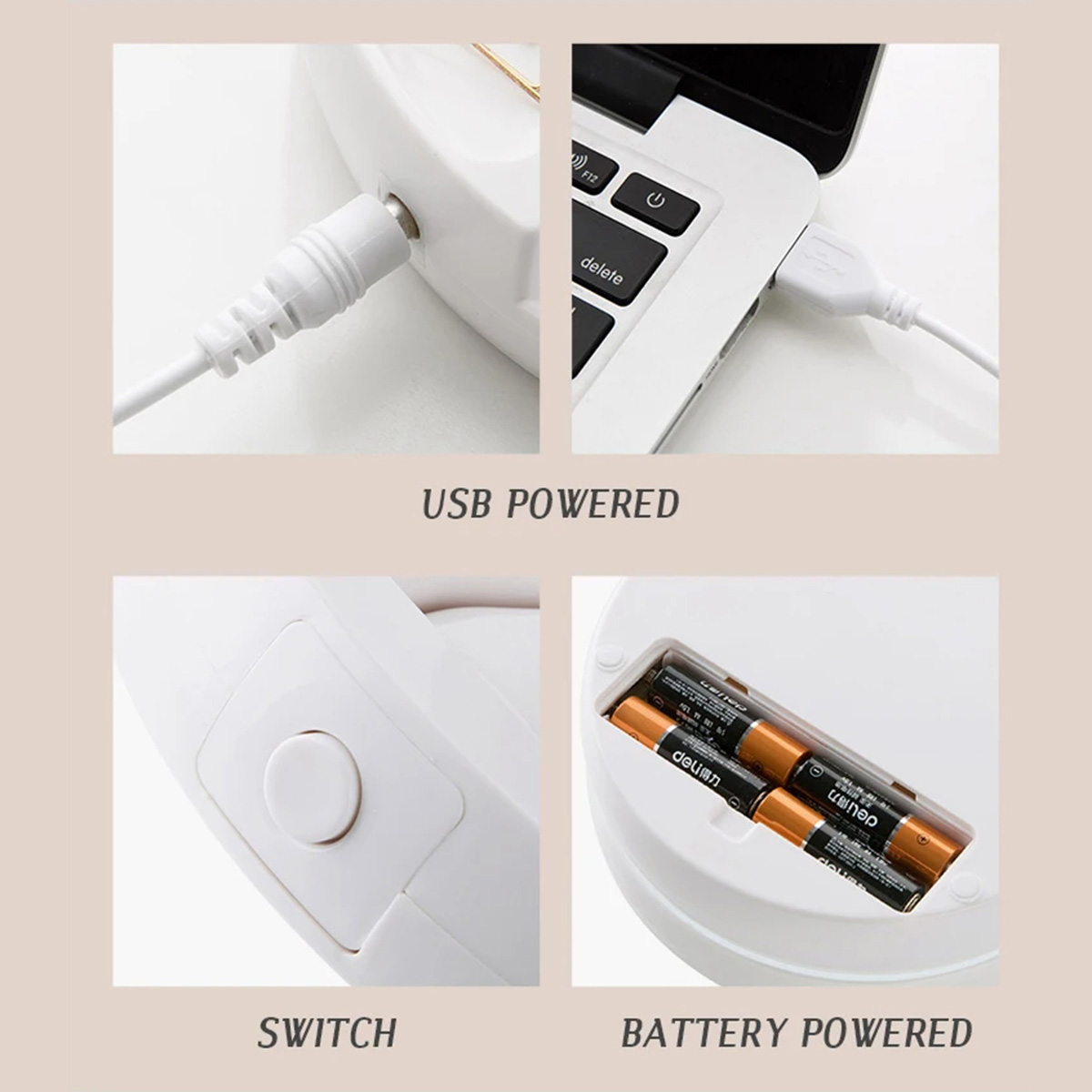 Primeros planos que muestran las opciones de alimentación USB y batería. El interruptor y un compartimento de batería.