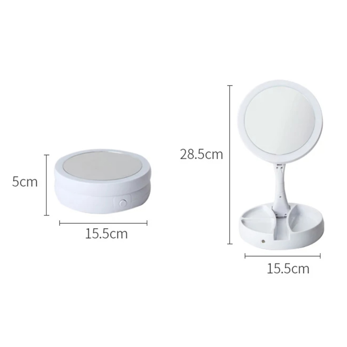 Espejo blanco plegable con dimensiones mostradas junto a él.