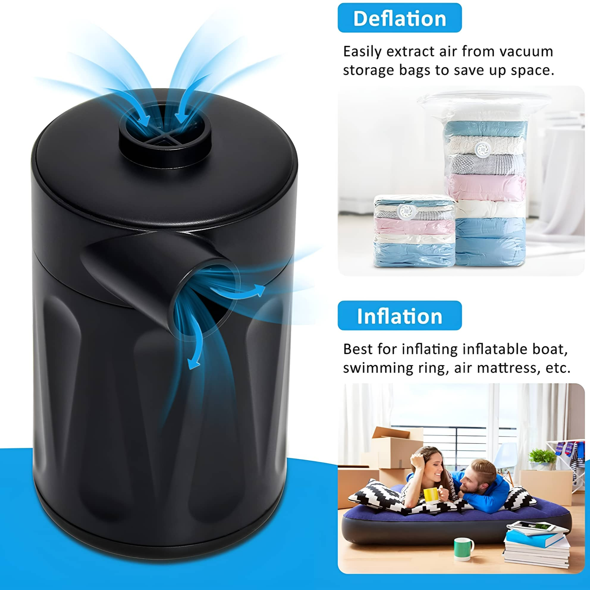 Schwarze Luftpumpe mit blauen Luftstromlinien und Text. Der Text beschreibt das Entleeren und Aufpumpen.