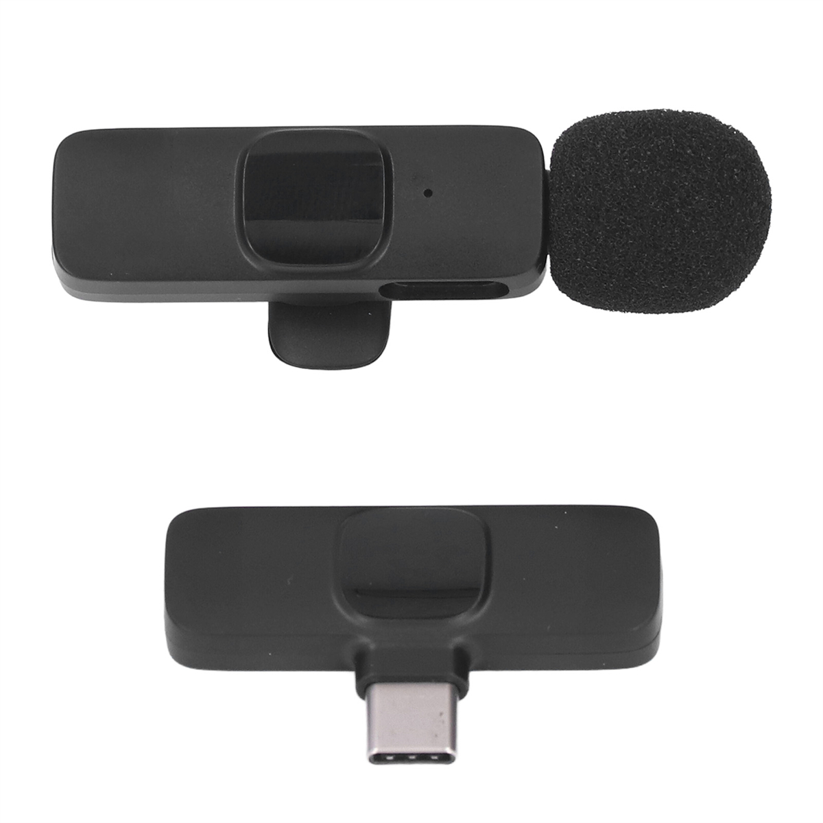 Schwarzes Mikrofon und Empfänger, mit USB-C-Anschluss, Flat Lay.
