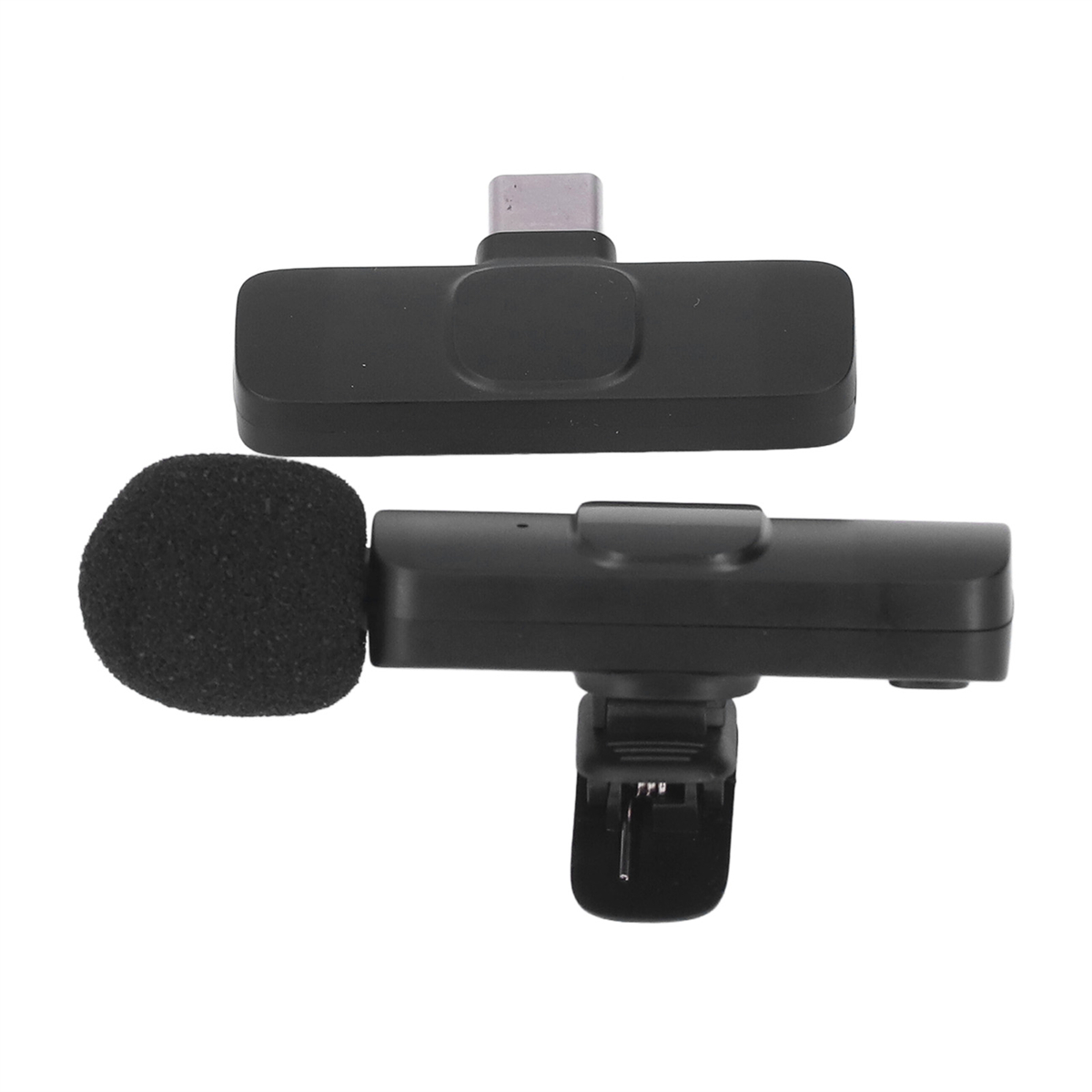Schwarzes drahtloses Mikrofon-Set. Zwei Teile: Mikrofon und USB-C-Empfänger, Draufsicht.