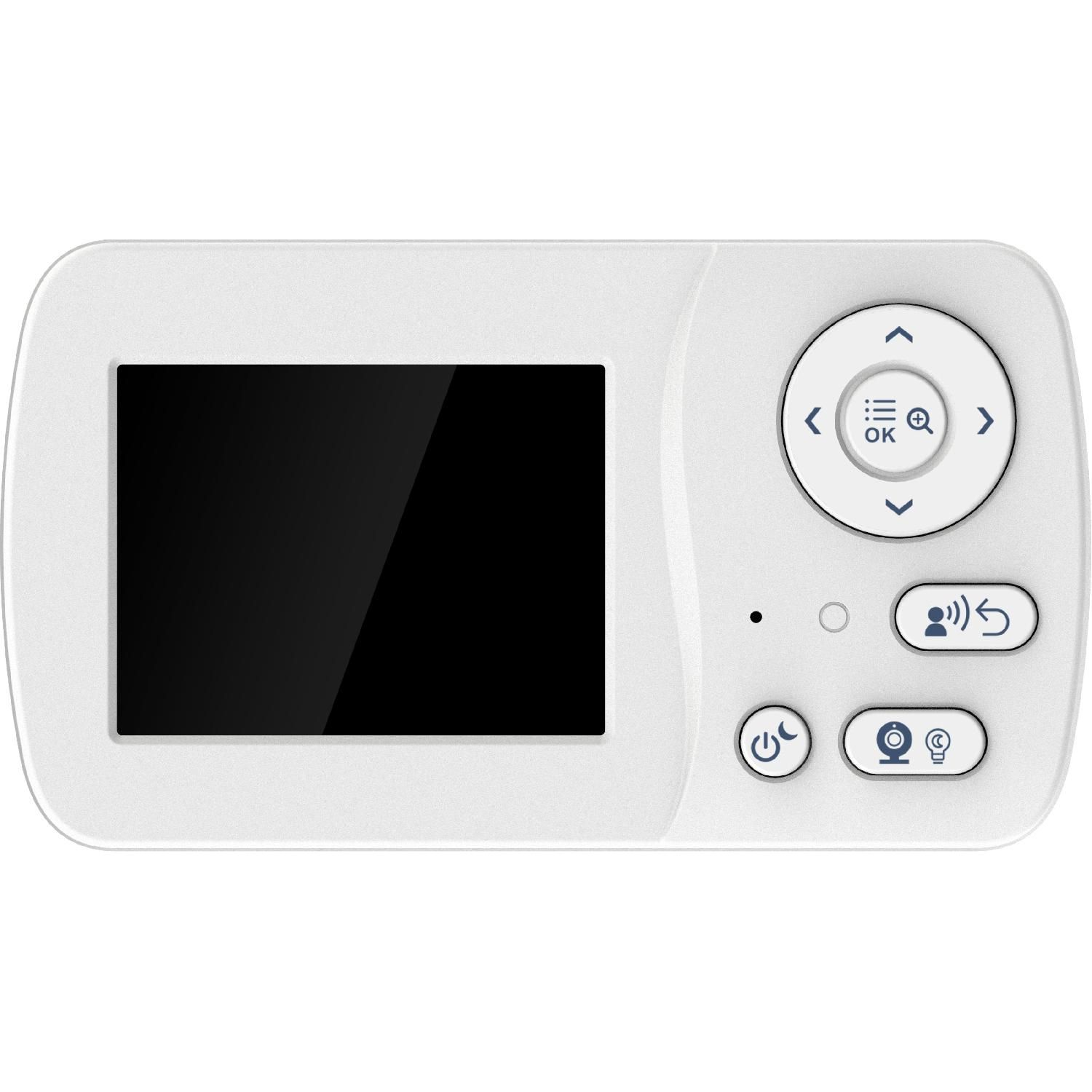 Ein weißer Babyphone mit Bildschirm, Knöpfen und schlichtem Design. Der Bildschirm ist schwarz.