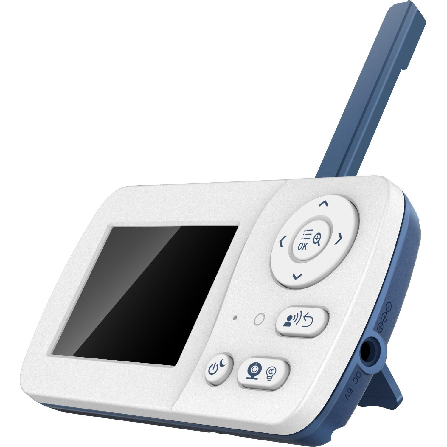 Babyphone-Gerät, weiß und blau, mit Bildschirm und Knöpfen, Schrägansicht.