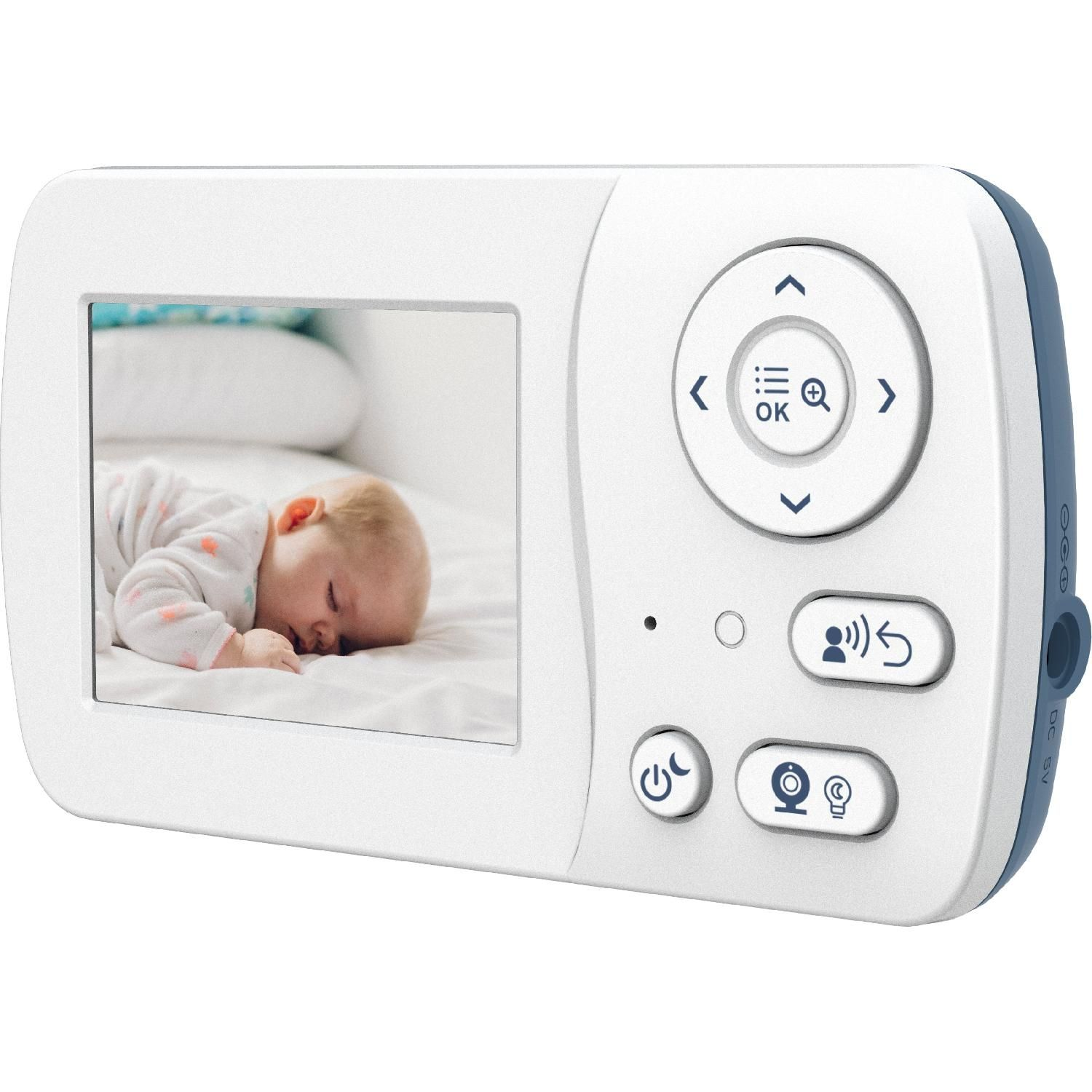 Babyfon-Bildschirm, der ein schlafendes Baby in einem Bett zeigt.