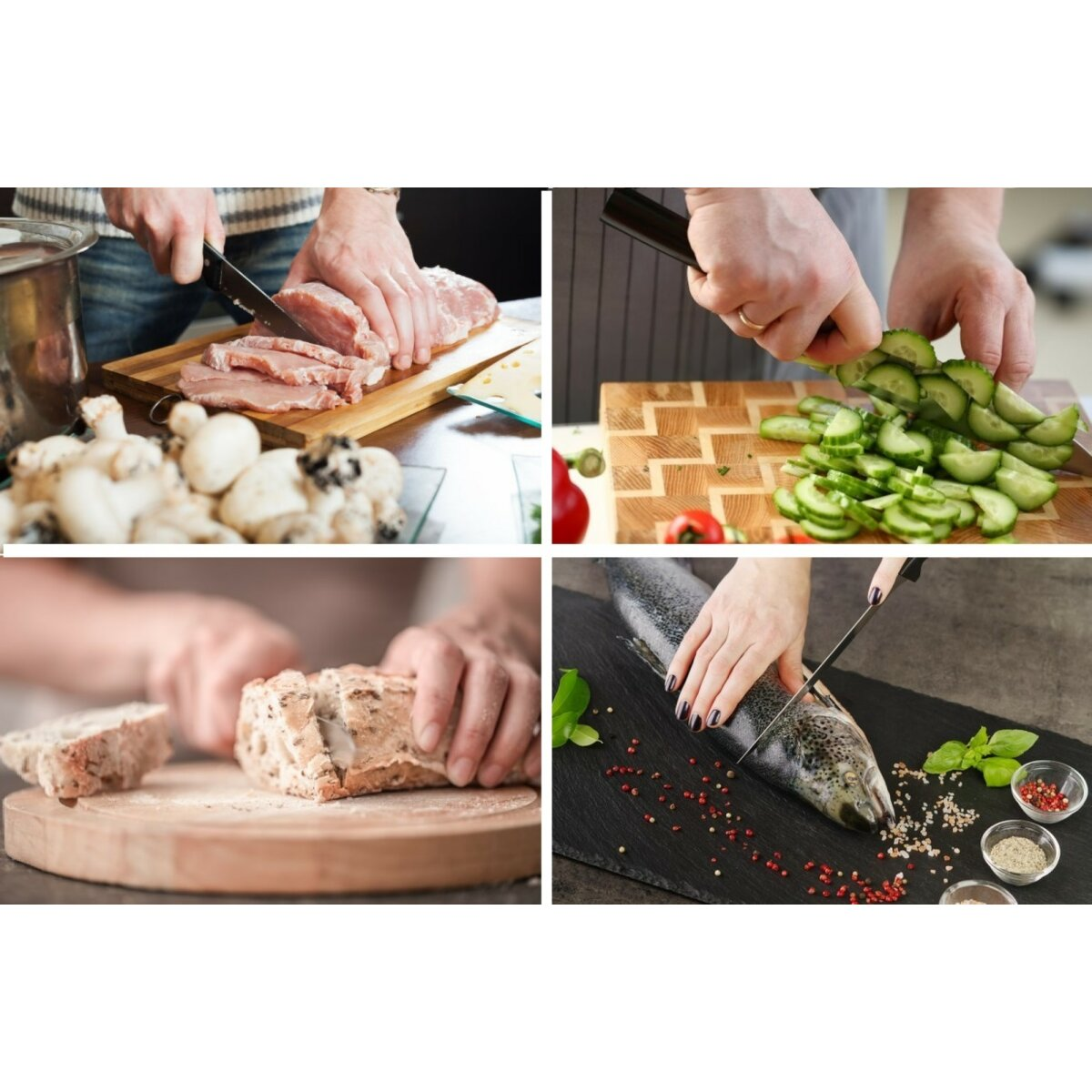 Vier Bilder von der Zubereitung von Speisen: Fleisch, Gurken, Brot und Fisch auf einem Schneidebrett schneiden.