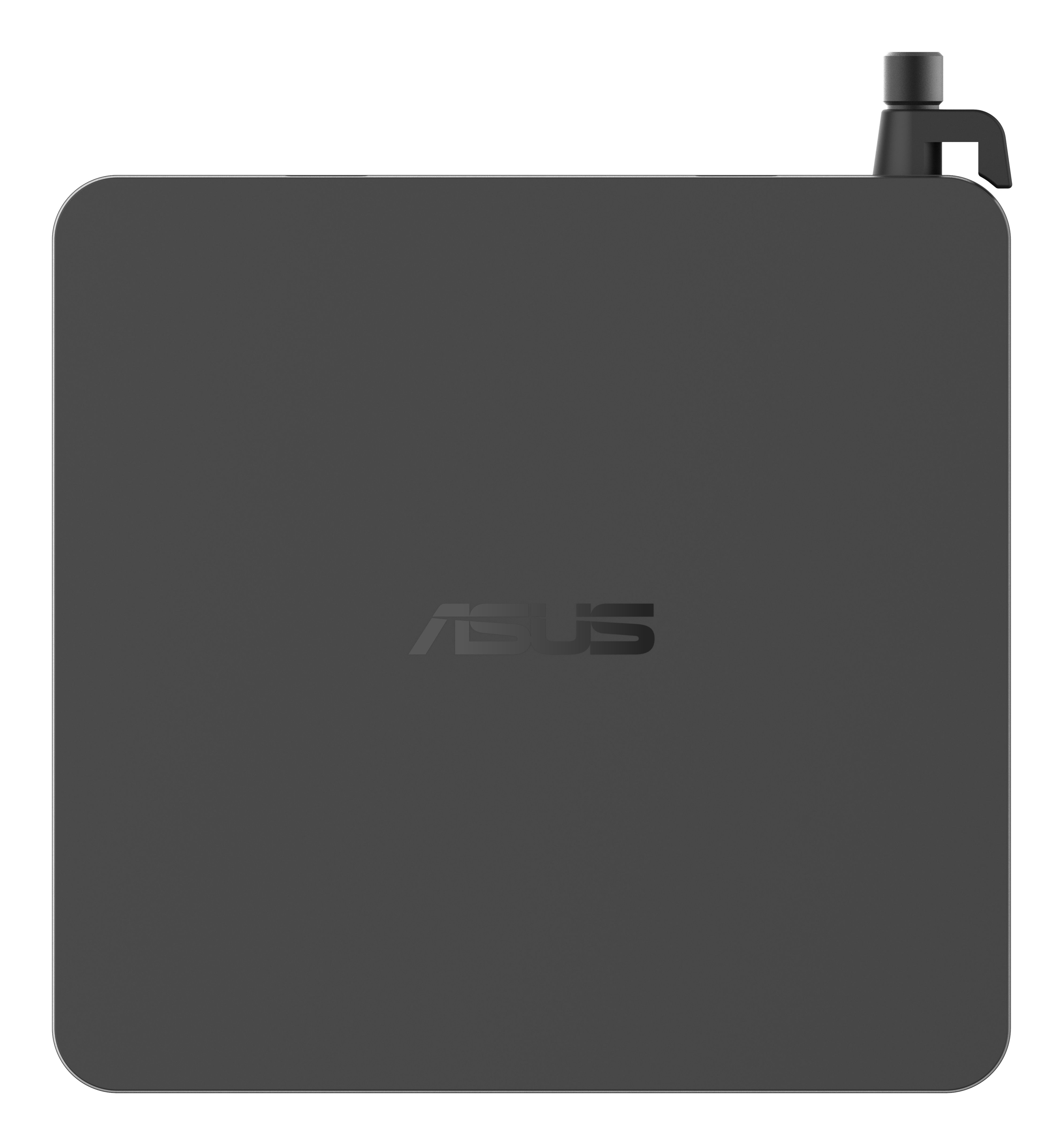 Widok z góry na ciemnoszary mini PC ASUS. Logo ASUS widoczne, antena, czarne tło.