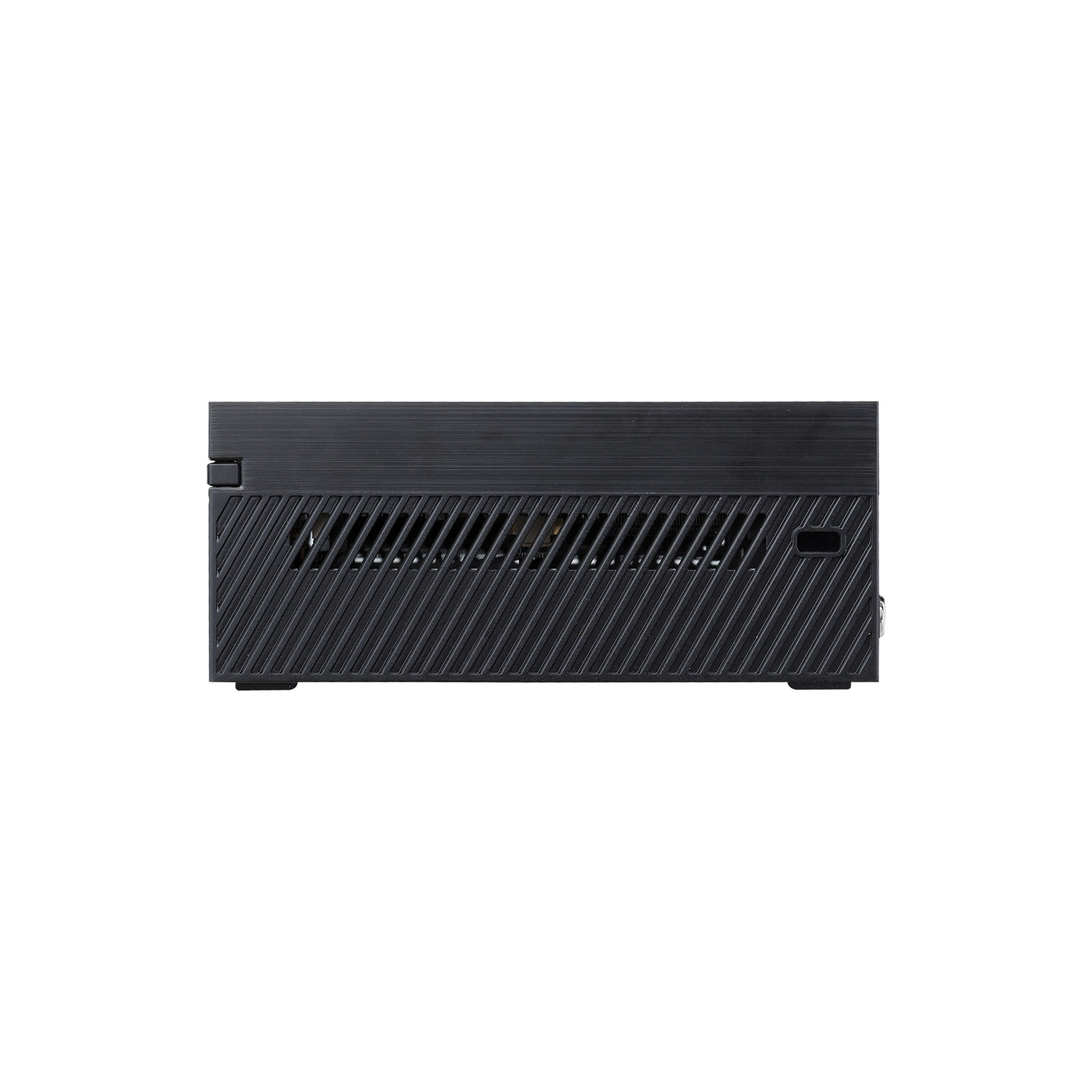 Consola negra con ranuras de ventilación. La consola está sobre un fondo blanco.