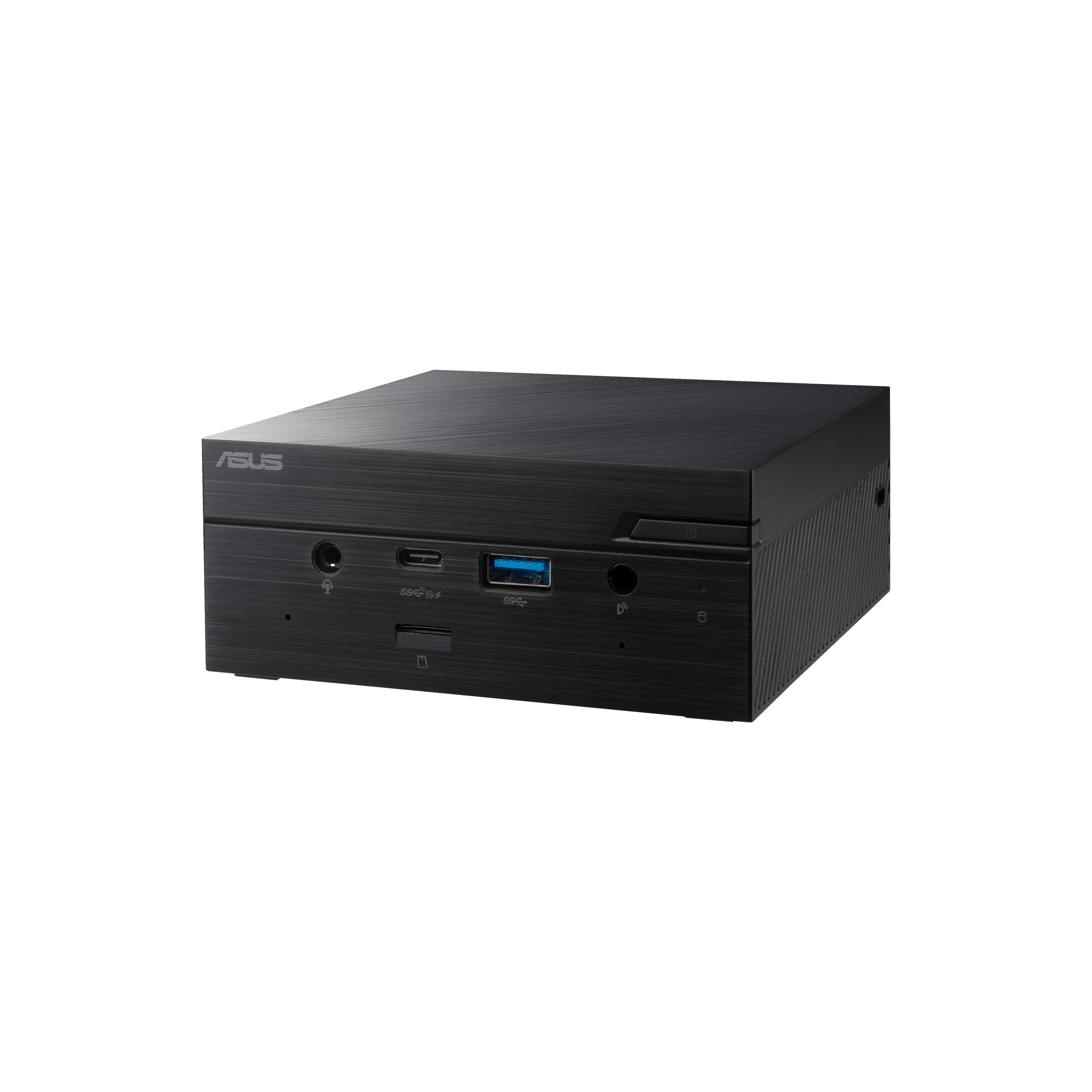 Una pequeña computadora ASUS negra sobre un fondo blanco. La computadora tiene múltiples puertos y un diseño elegante.