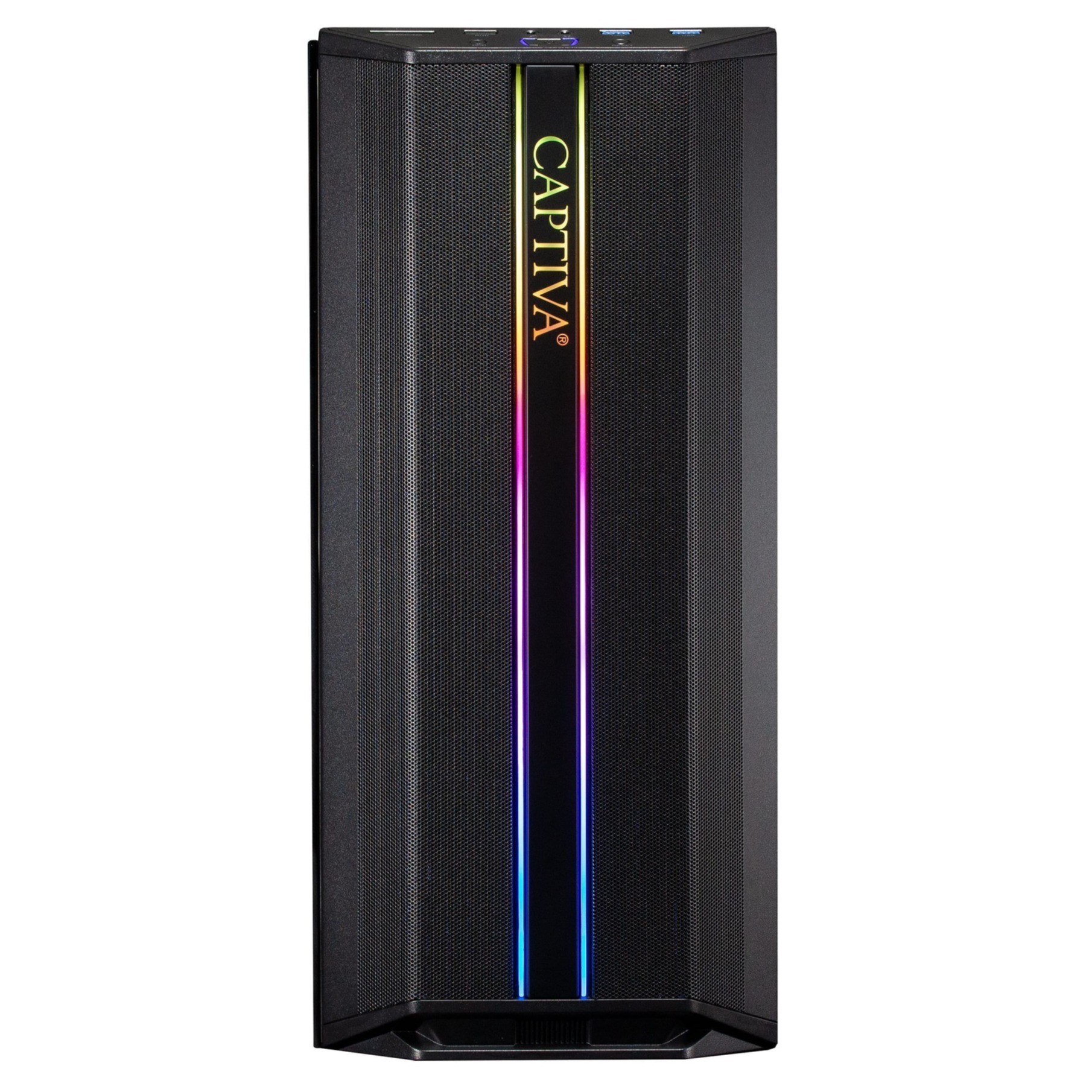 Un'alta torre per computer nera con luci colorate che corrono lungo la parte anteriore.