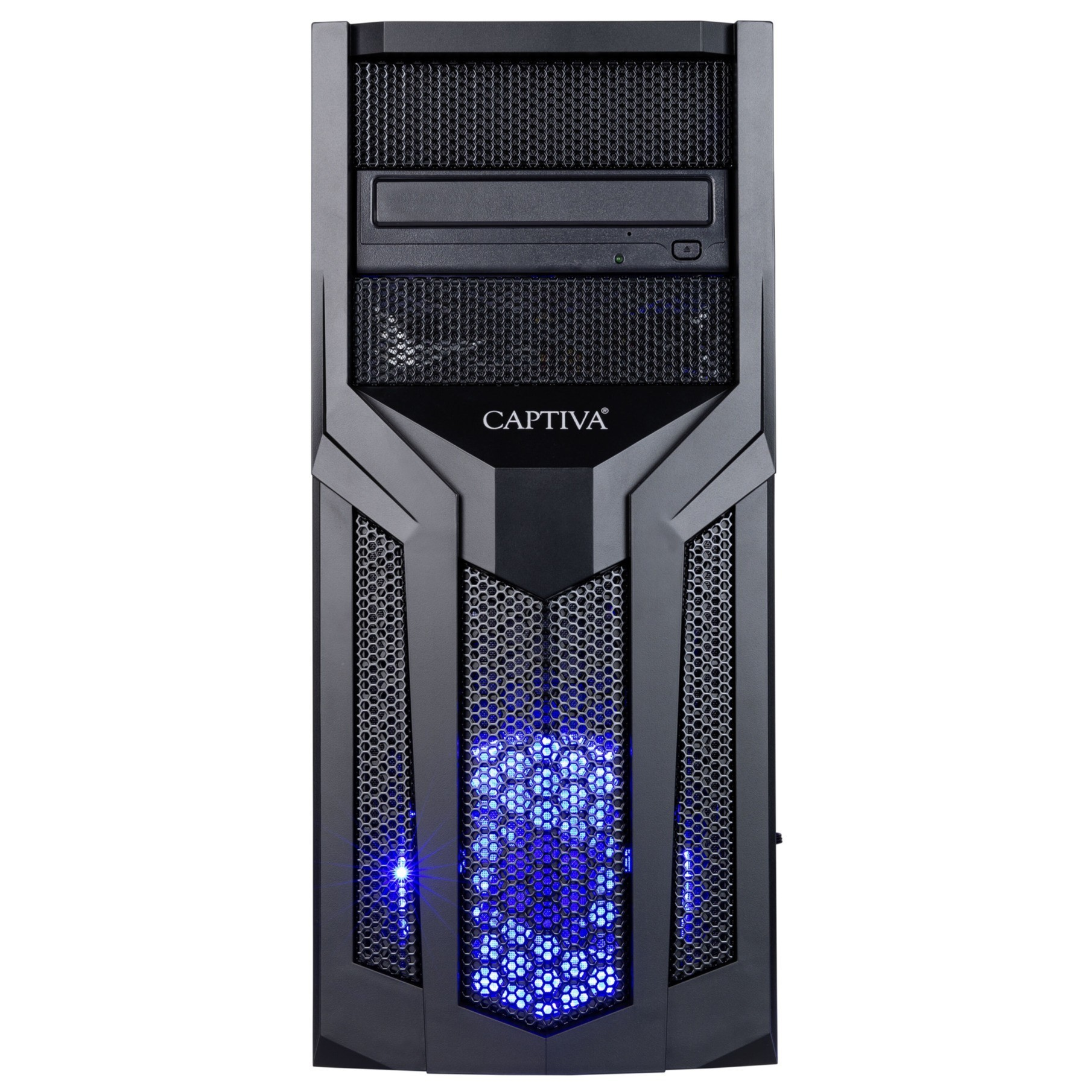 Ein schwarzer Computer-Tower mit transparenter Front, blaue LED-Lichter.