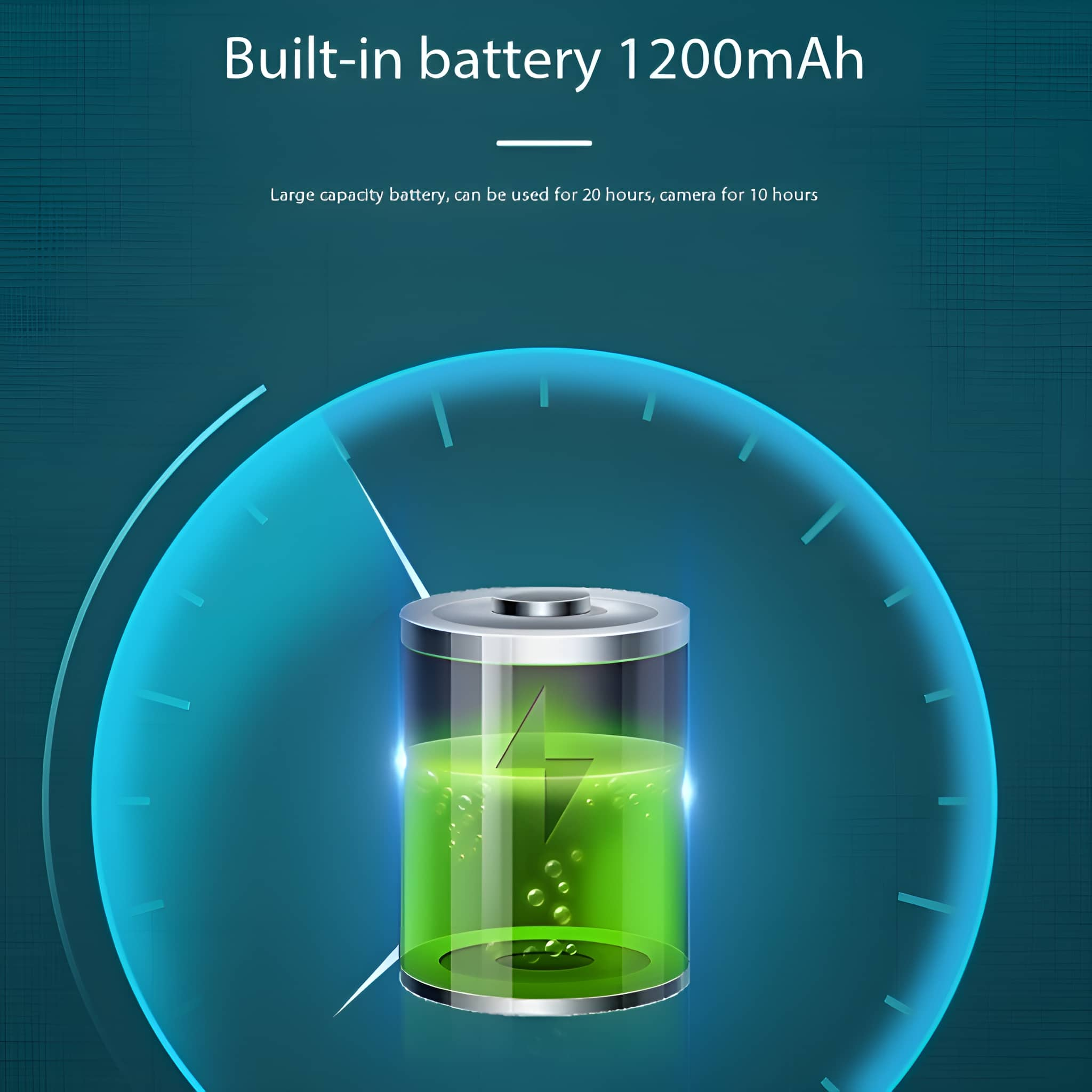 Bild zeigt eine Batterie mit grüner Flüssigkeit und blauem Rahmen, mit Text über die Akkulaufzeit.