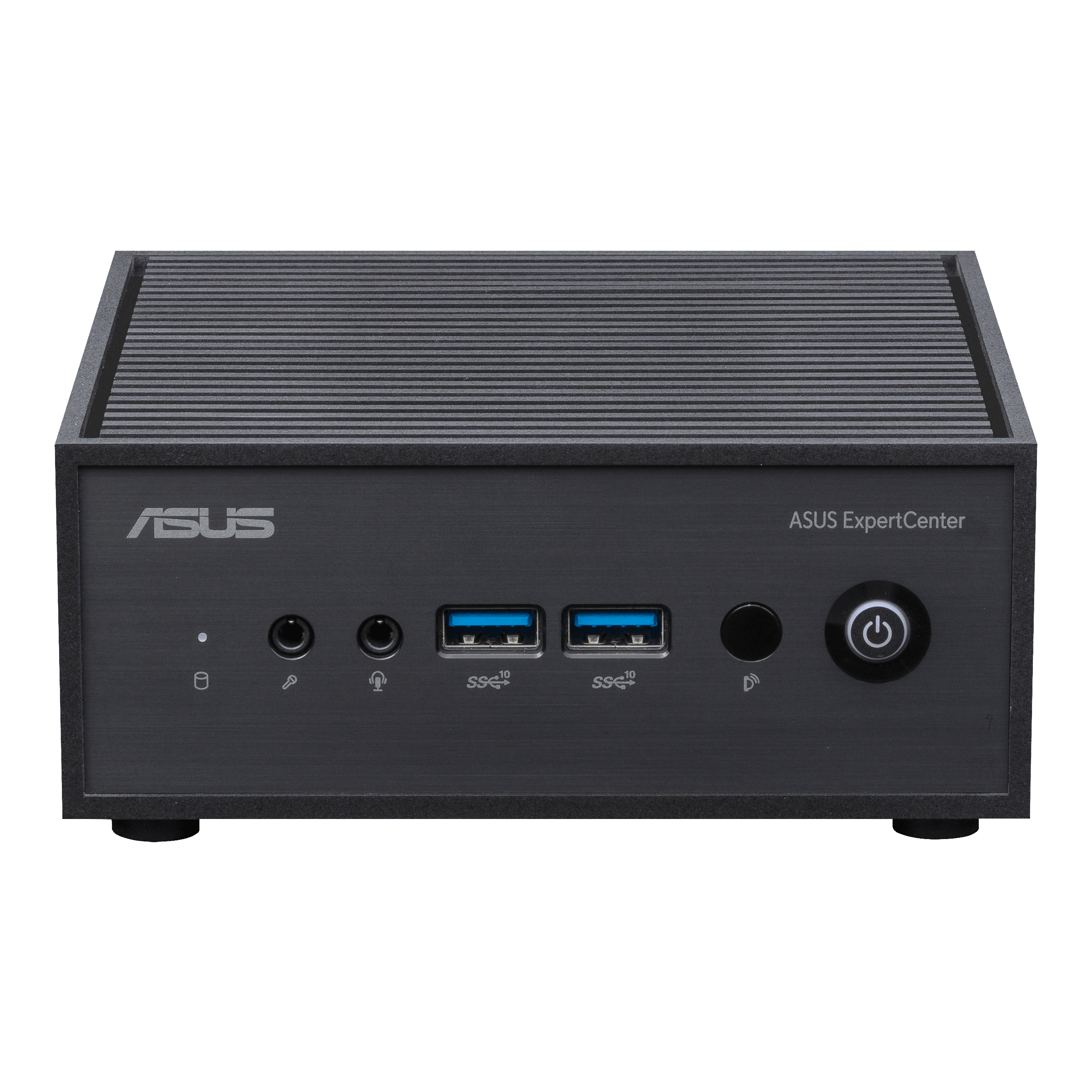 Schwarzer ASUS ExpertCenter Desktop-Computer auf weißem Hintergrund, mit sichtbaren Anschlüssen.