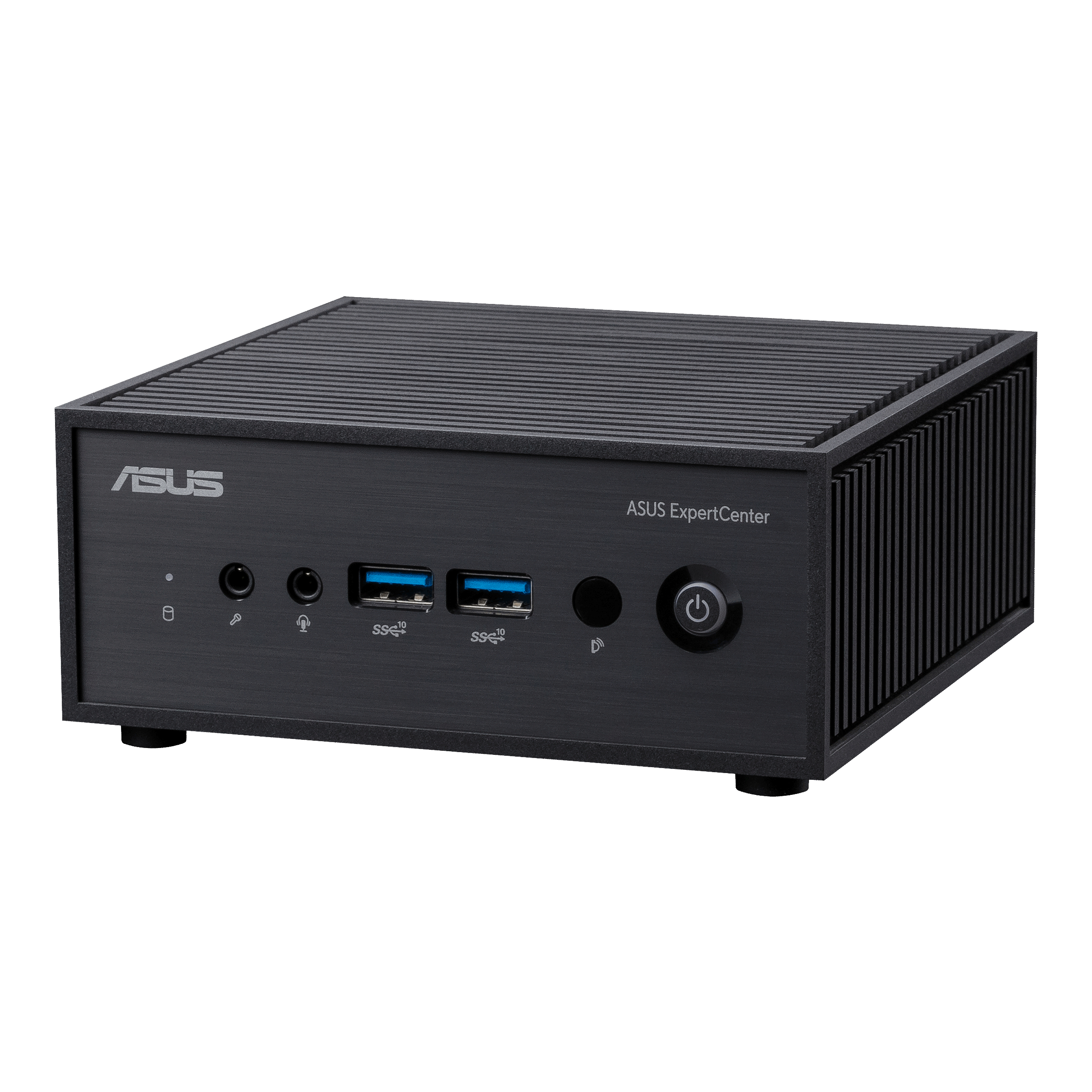 Ein kleiner, schwarzer ASUS ExpertCenter-Computer mit Anschlüssen und ASUS-Logo auf einem Tisch.