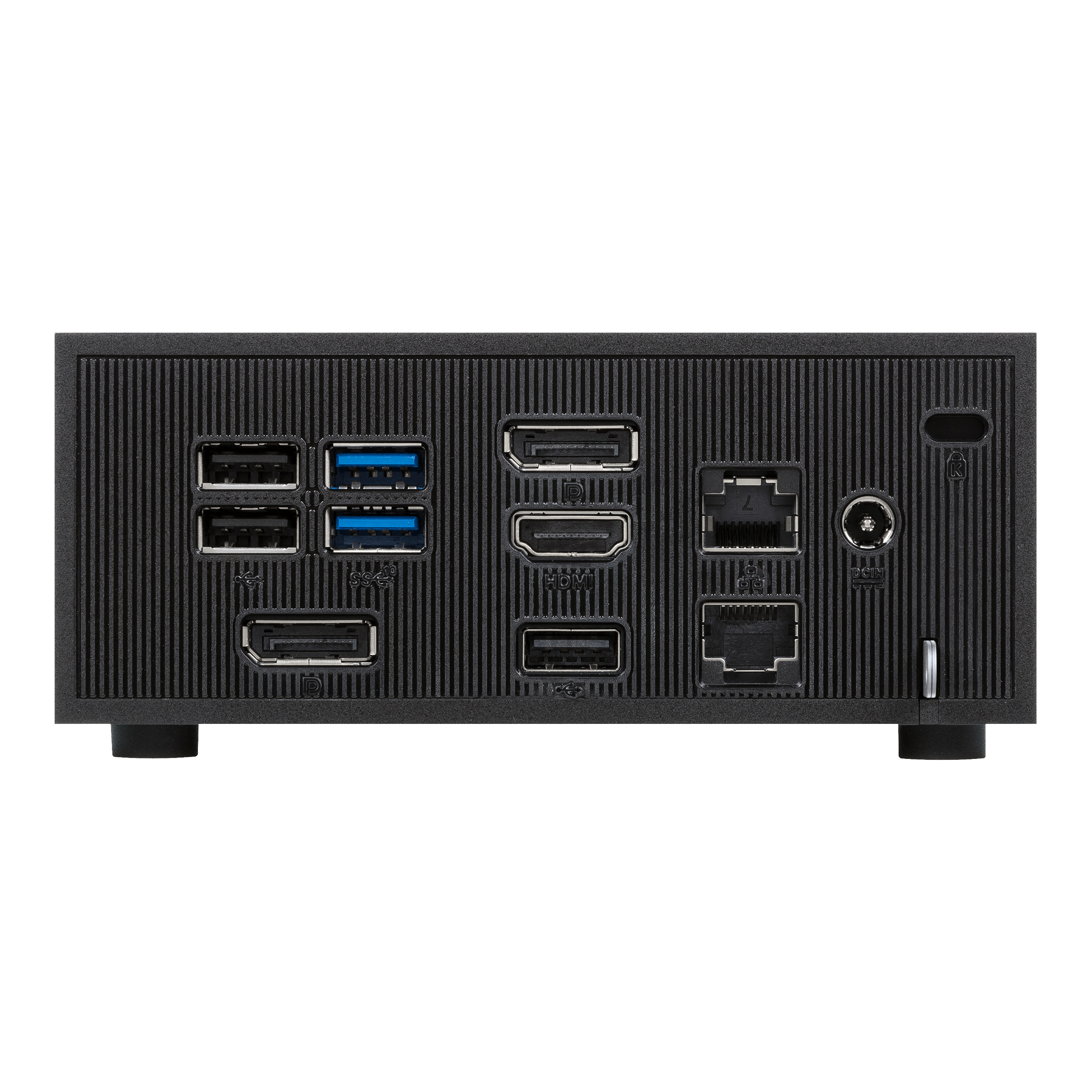 Rückseite eines schwarzen Mini-PCs mit mehreren Anschlüssen. Anschlüsse für USB, HDMI und Ethernet werden angezeigt.