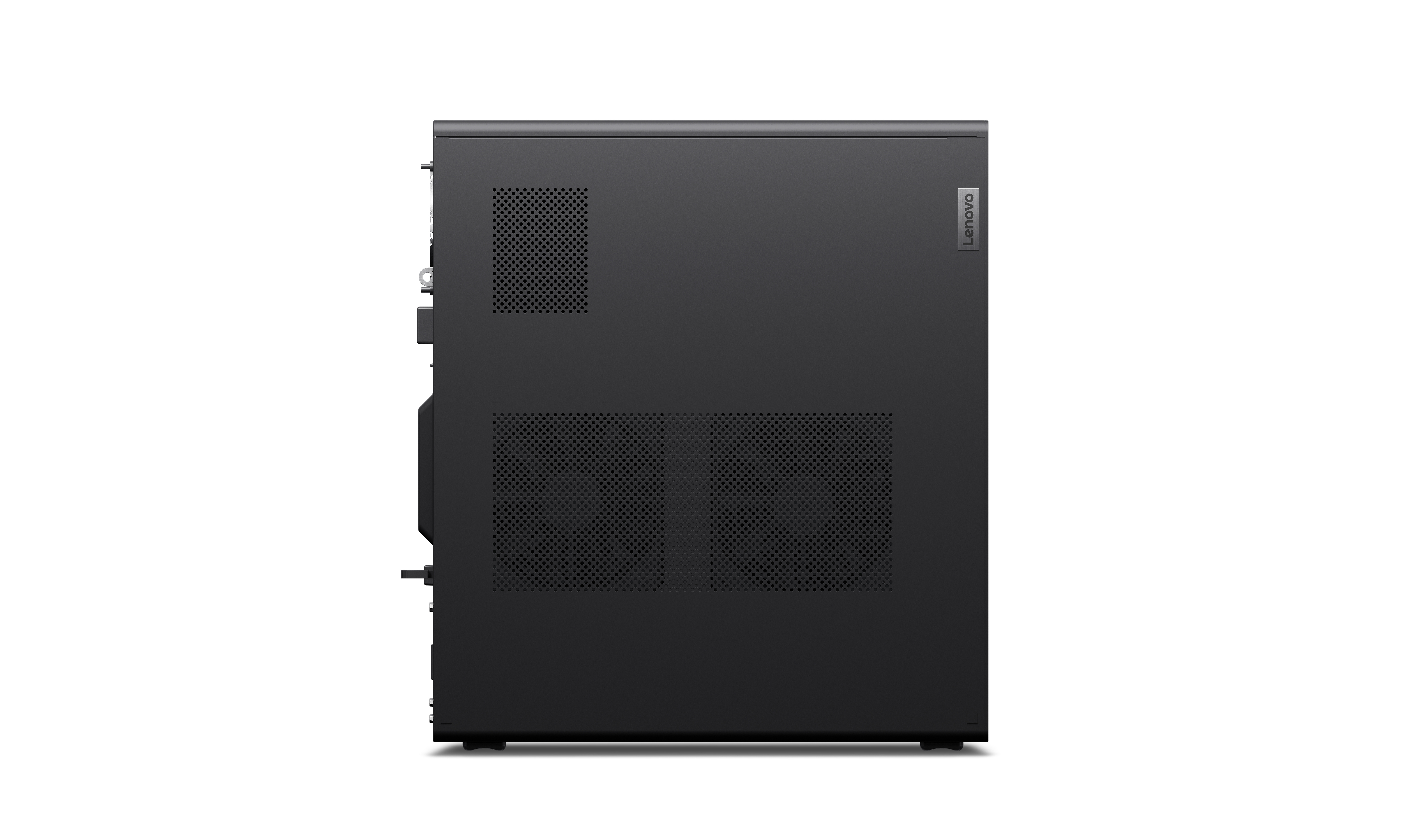 Vista laterale del case di un computer nero. Ha un pannello a rete e il logo Lenovo. Lo sfondo è bianco.