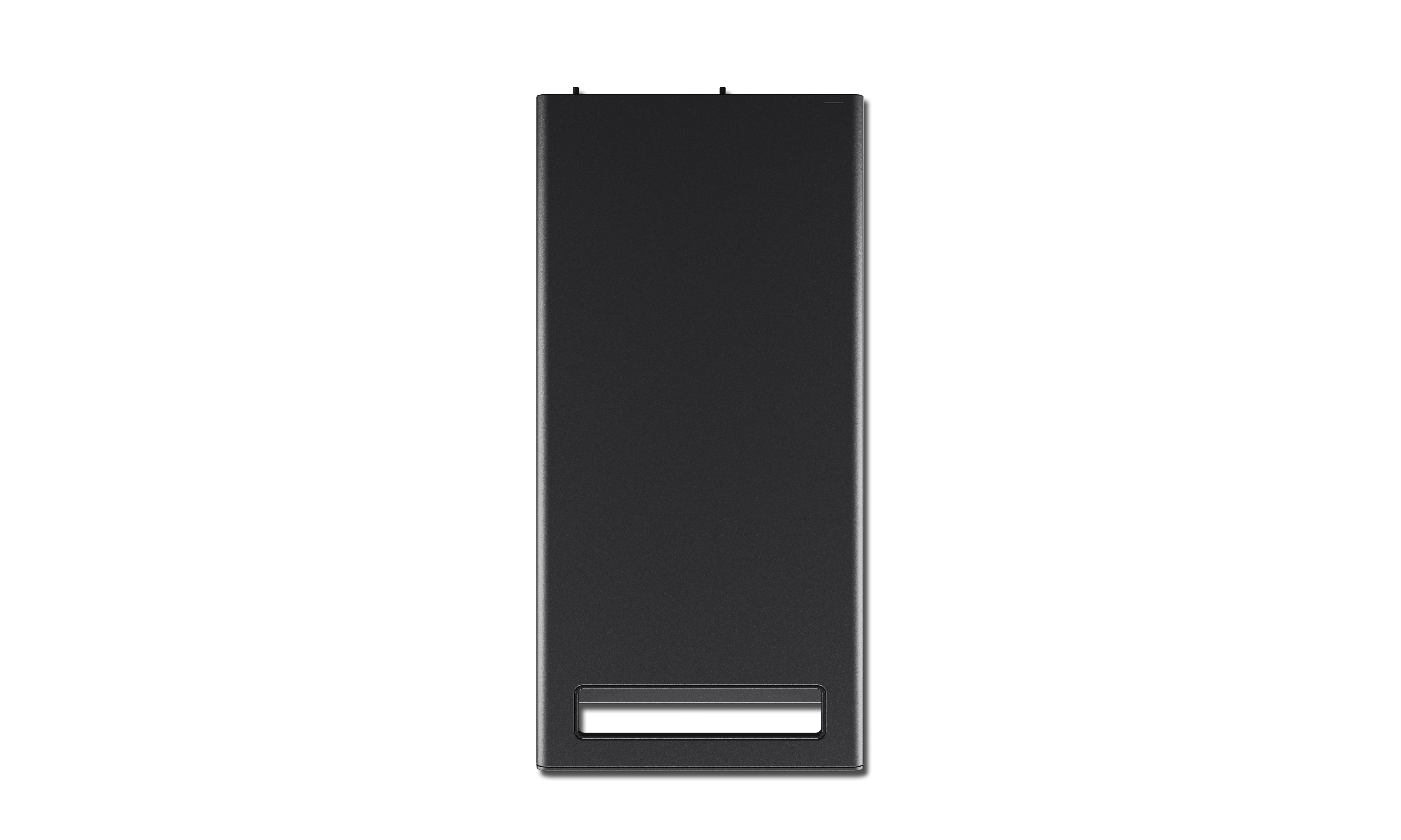 Case per computer nero. Ha una forma rettangolare alta e semplice, con un'apertura rettangolare in basso.