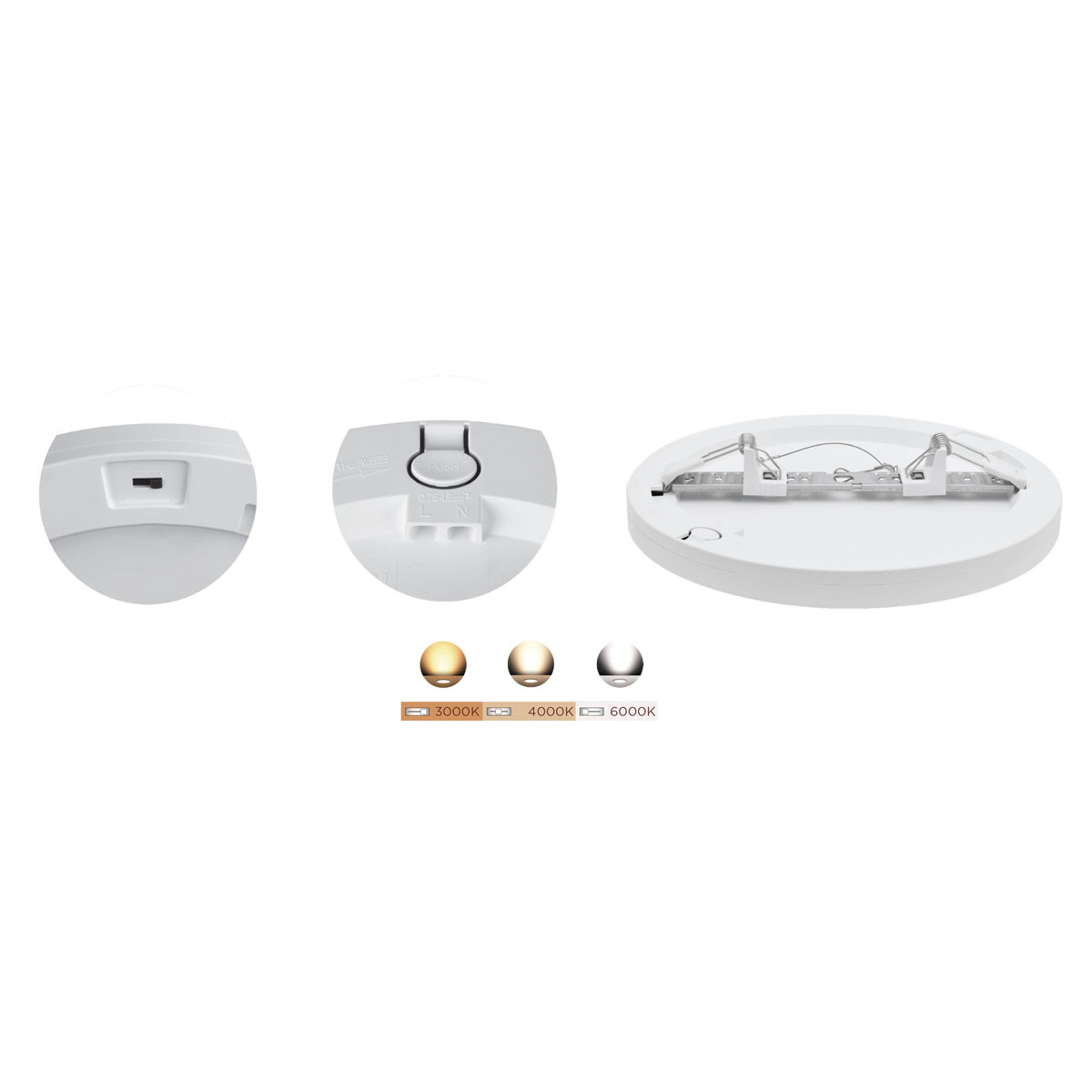 Trzy widoki białej lampy sufitowej, pokazujące różne temperatury barwowe światła.